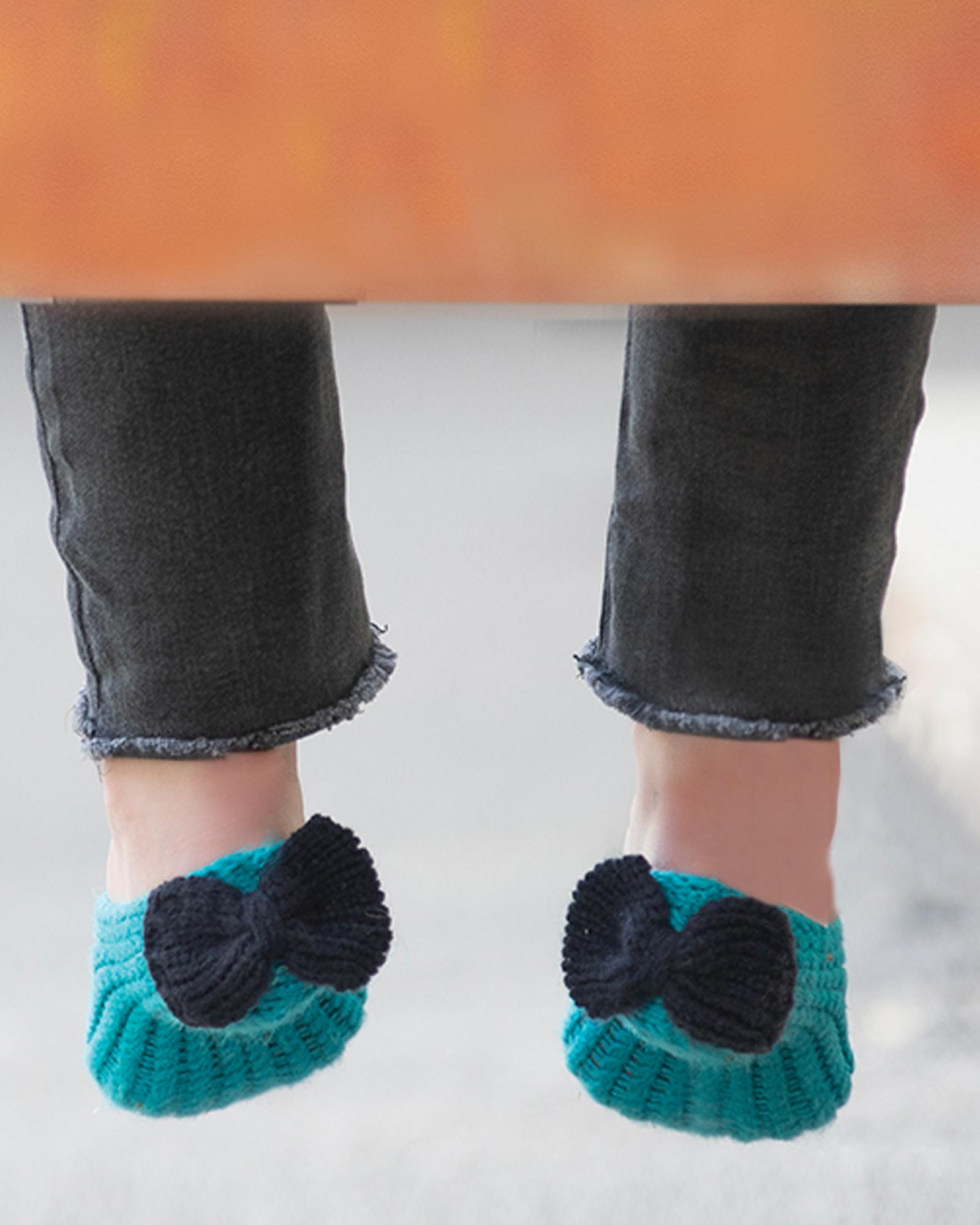 پاپوش بافت دخترانه پاپیون دار - سبزآبی - پشت