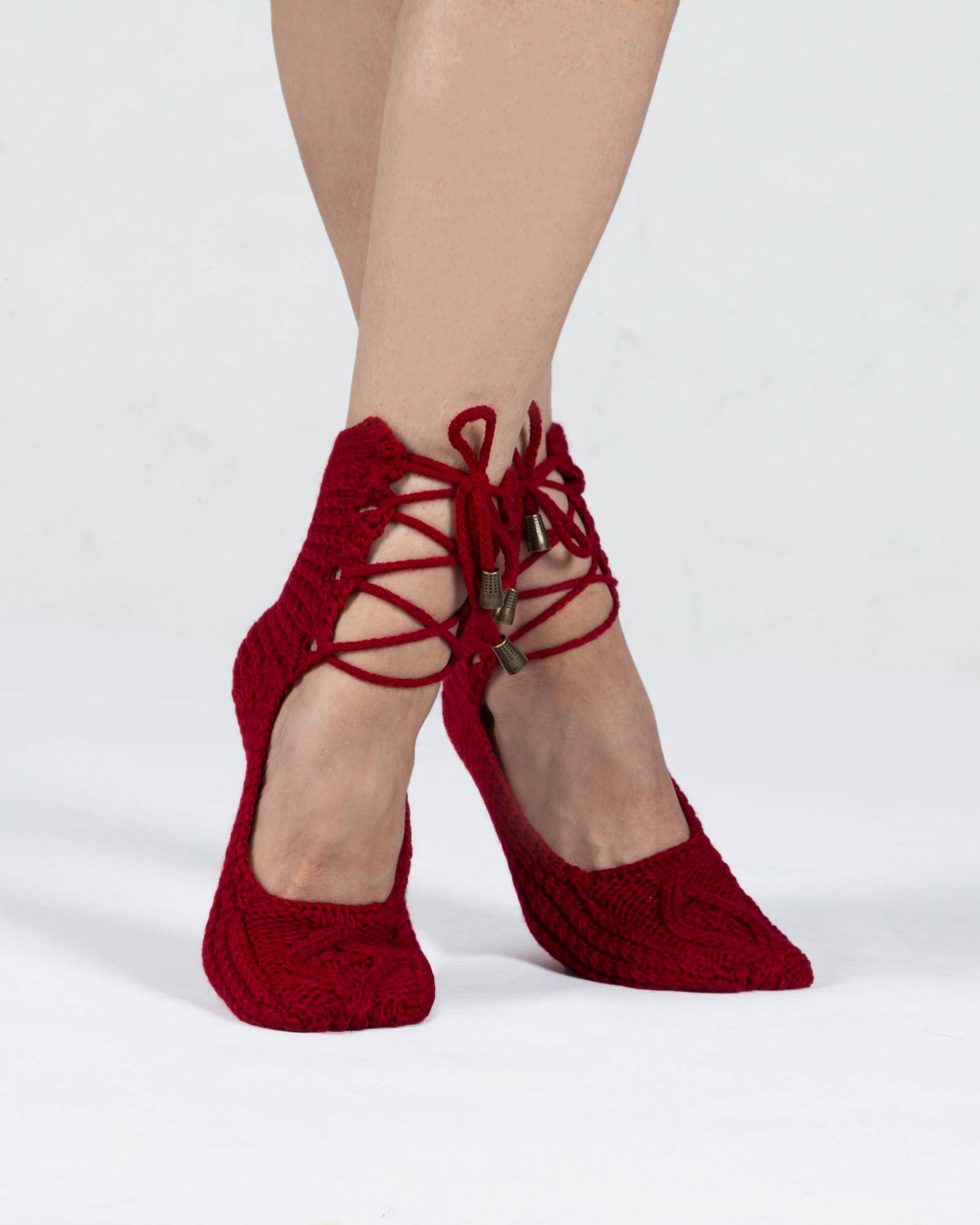 پاپوش بافت زنانه ساده بند دار - قرمز - رو