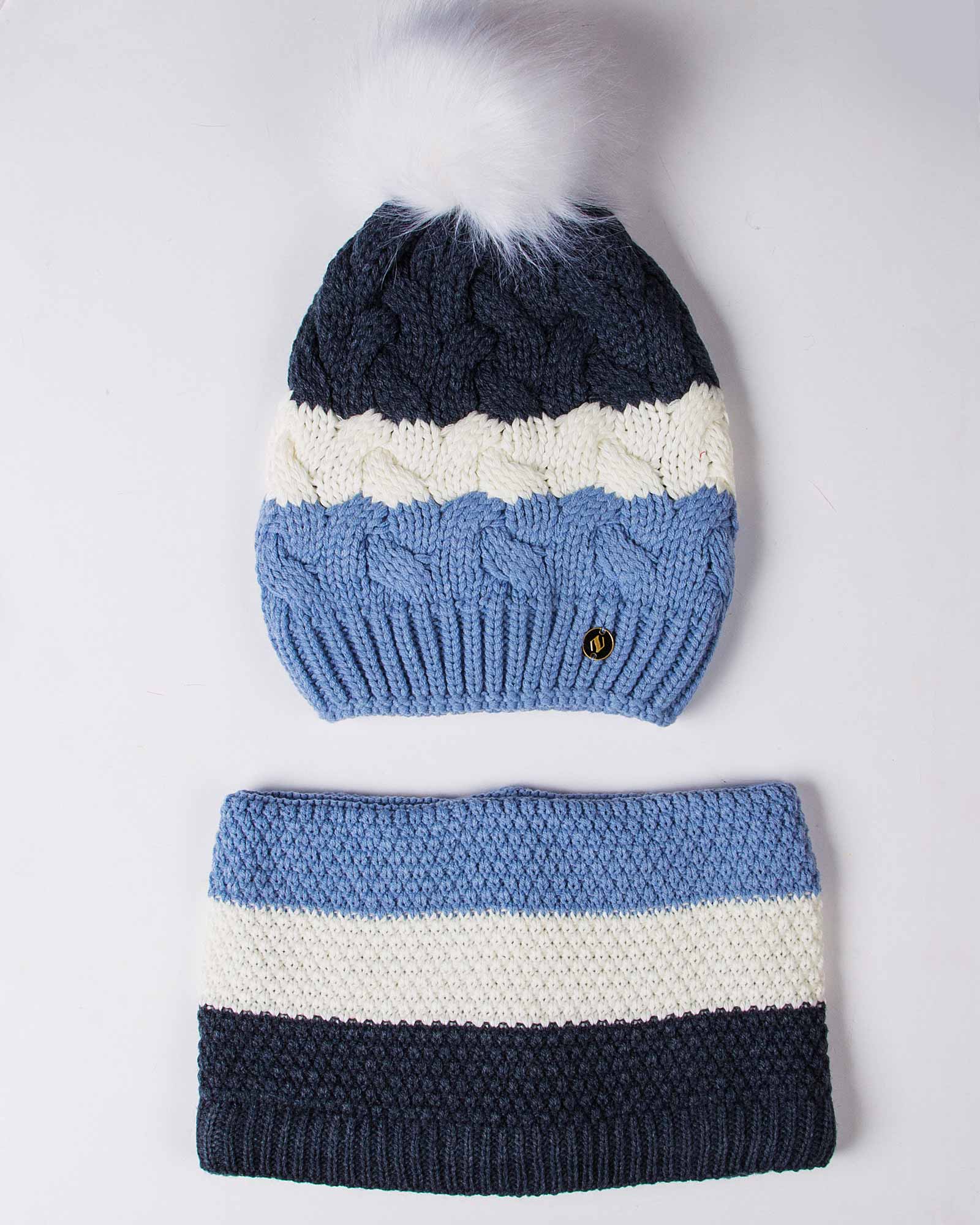 کلاه و شال گردن رینگی بافت راه راه رنگی - آبی روشن - رو به رو