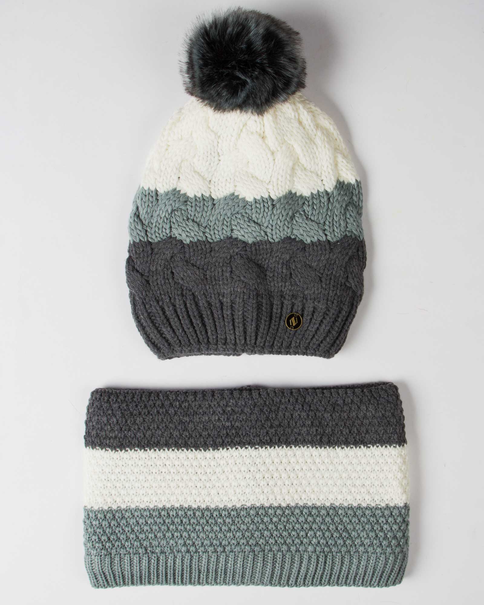 کلاه و شال گردن رینگی بافت راه راه رنگی - دودی - رو به رو