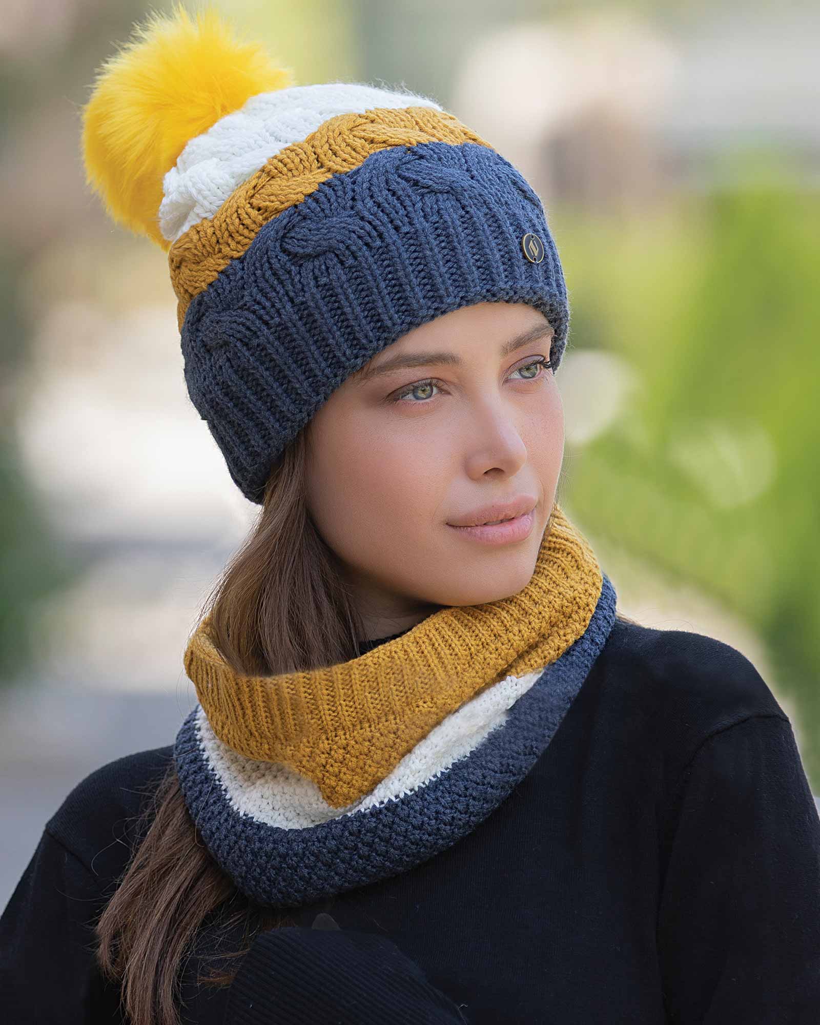 کلاه و شال گردن رینگی بافت راه راه رنگی - سرمه ای - زنانه