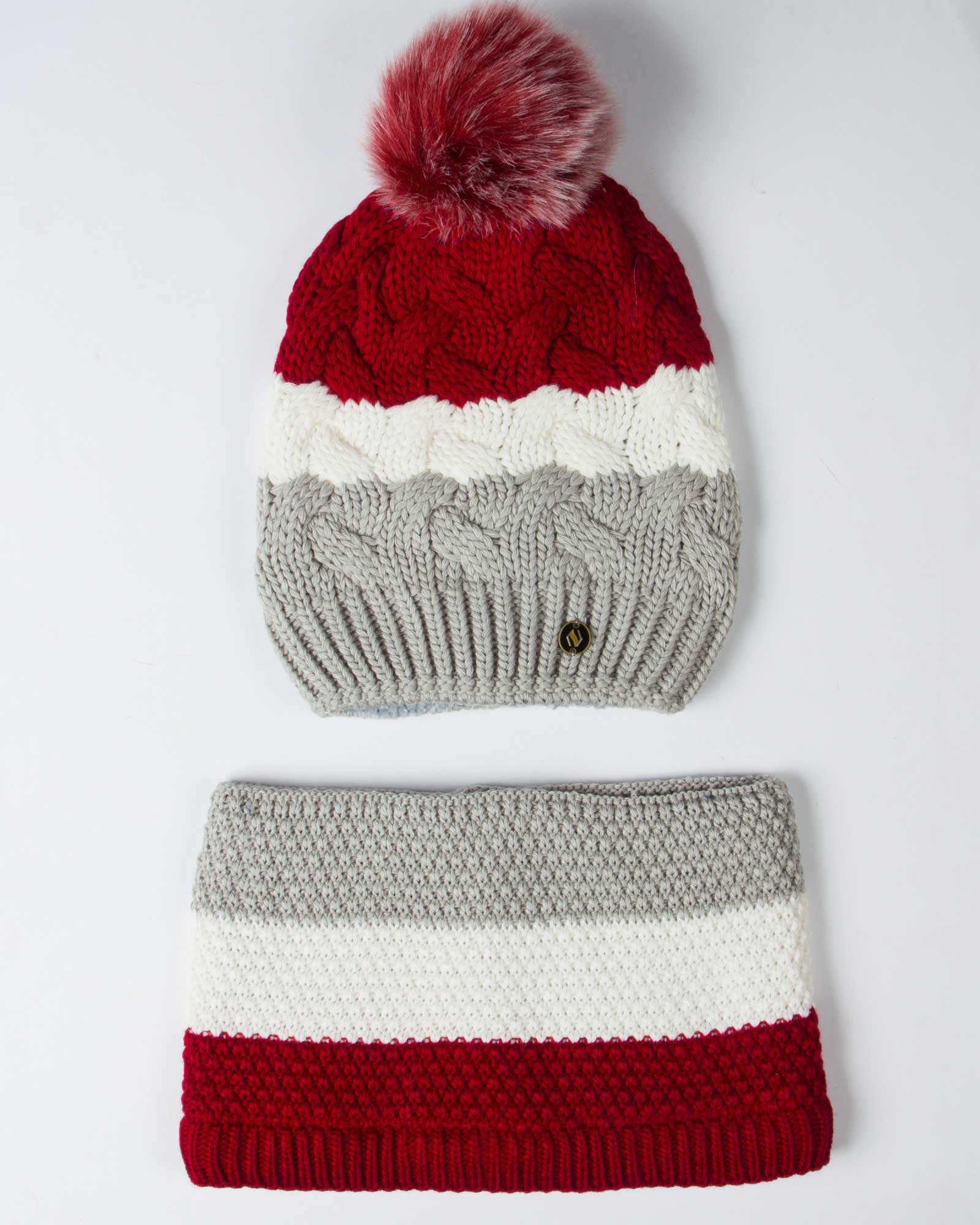 کلاه و شال گردن رینگی بافت راه راه رنگی - طوسی کمرنگ - رو به رو