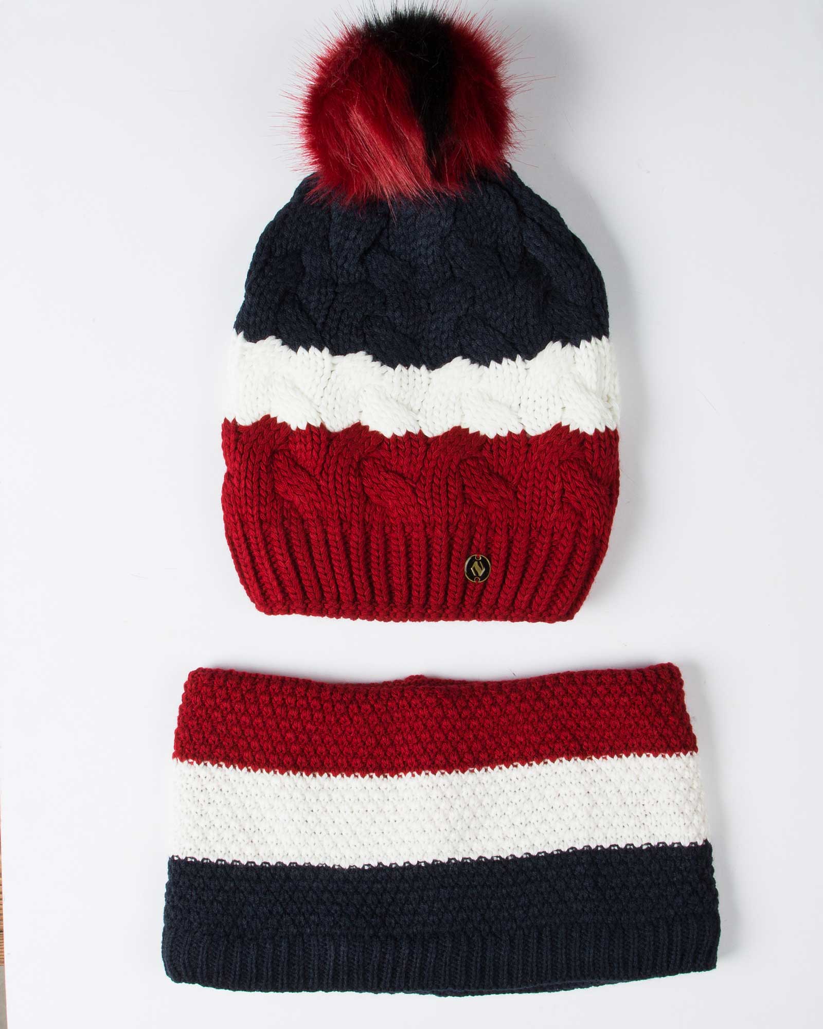 کلاه و شال گردن رینگی بافت راه راه رنگی - قرمز - رو به رو