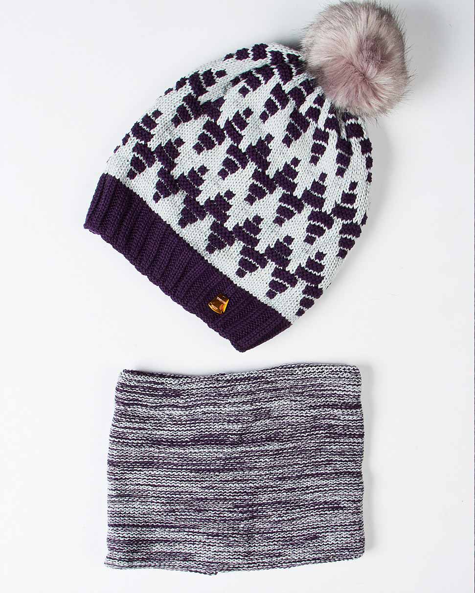 کلاه و شال گردن رینگی بافت طرح دار - بنفش - رو به رو