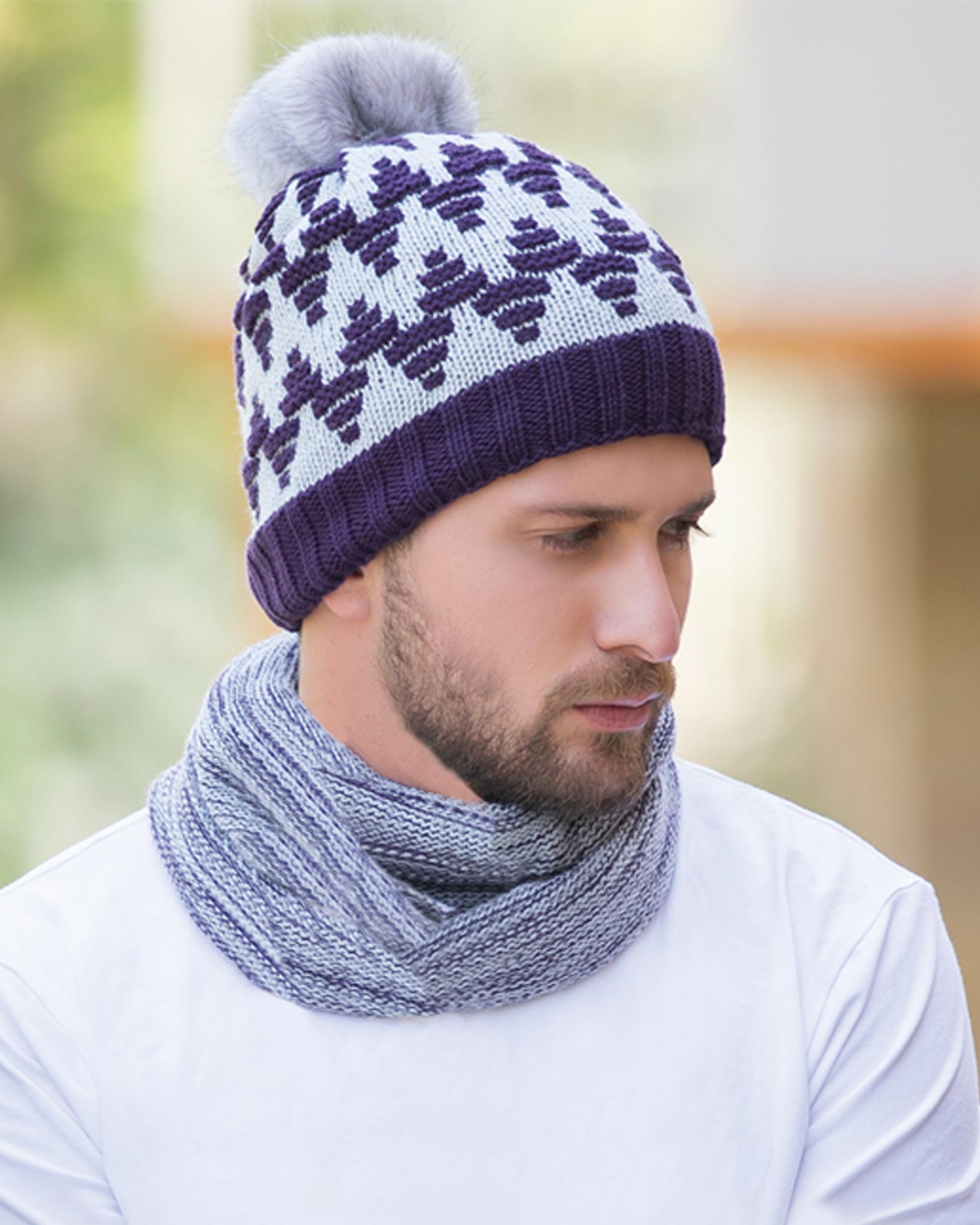 کلاه و شال گردن رینگی بافت طرح دار - بنفش - محیطی مردانه