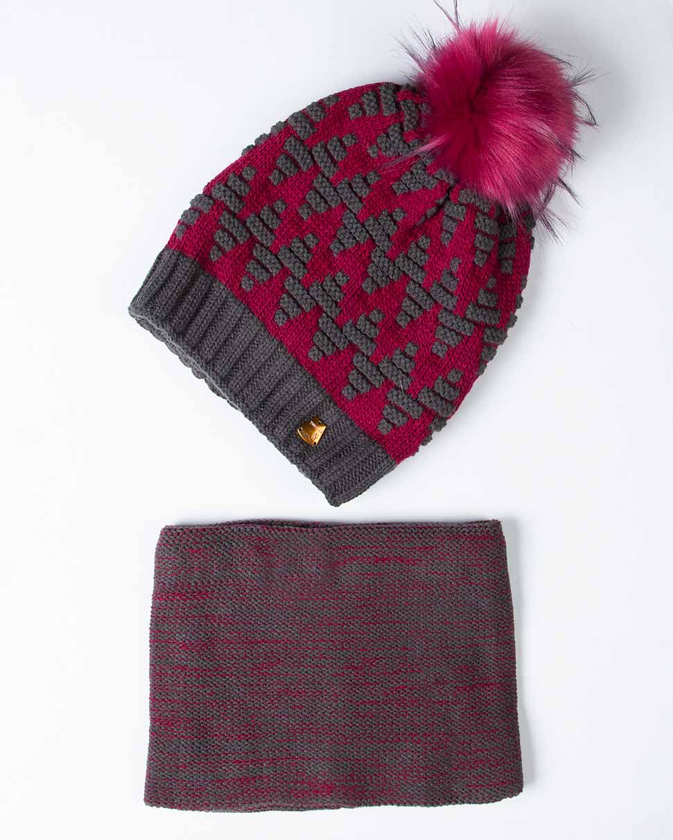 کلاه و شال گردن رینگی بافت طرح دار - سرخابی - رو به رو