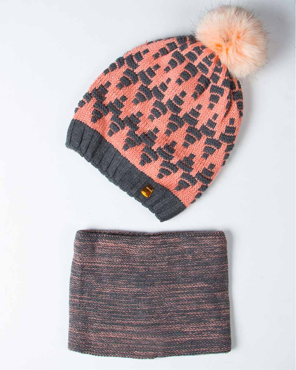 کلاه و شال گردن رینگی بافت طرح دار - صورتی روشن - رو به رو