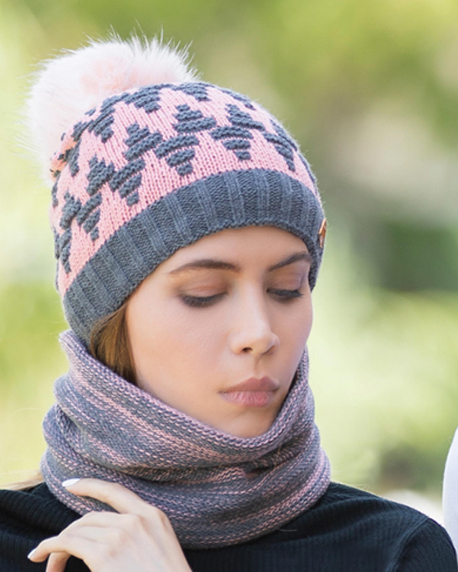 کلاه و شال گردن رینگی بافت طرح دار - صورتی روشن - زنانه