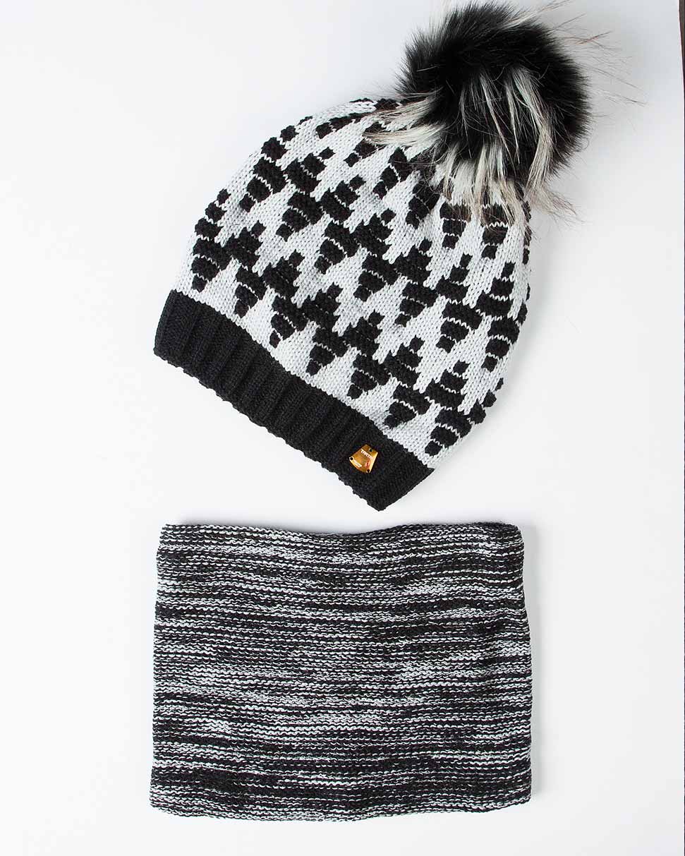 کلاه و شال گردن رینگی بافت طرح دار - مشکی - رو به رو