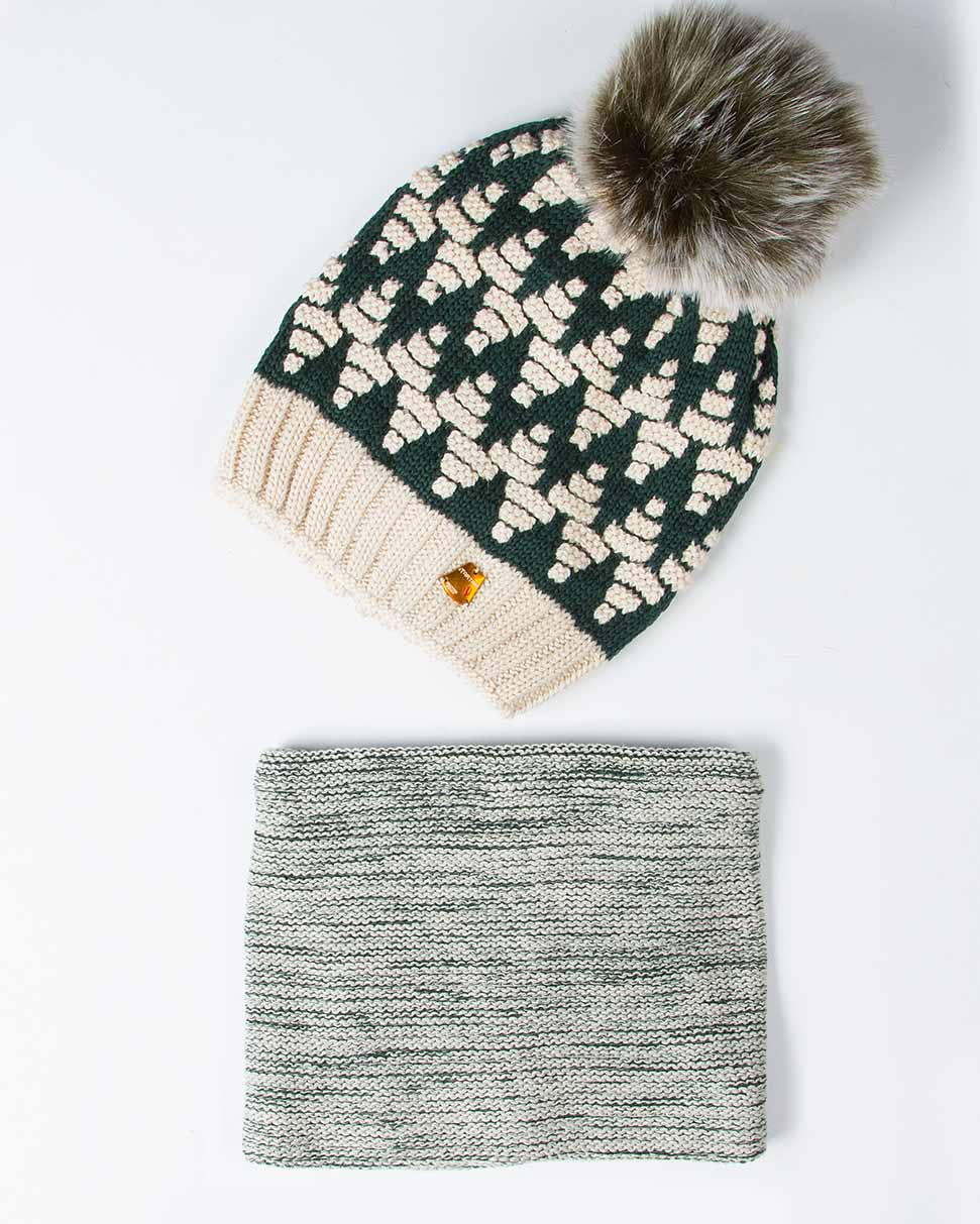 کلاه و شال گردن رینگی بافت طرح دار - یشمی - رو به رو