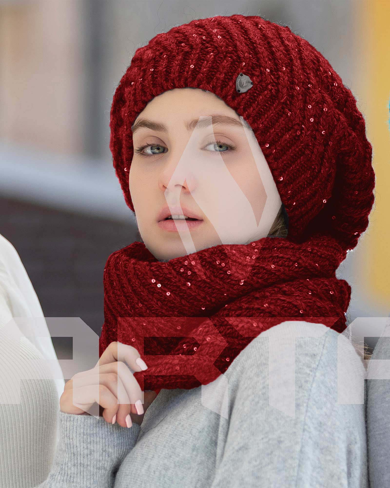 کلاه و شال گردن رینگی بافت پولک دار - قرمز