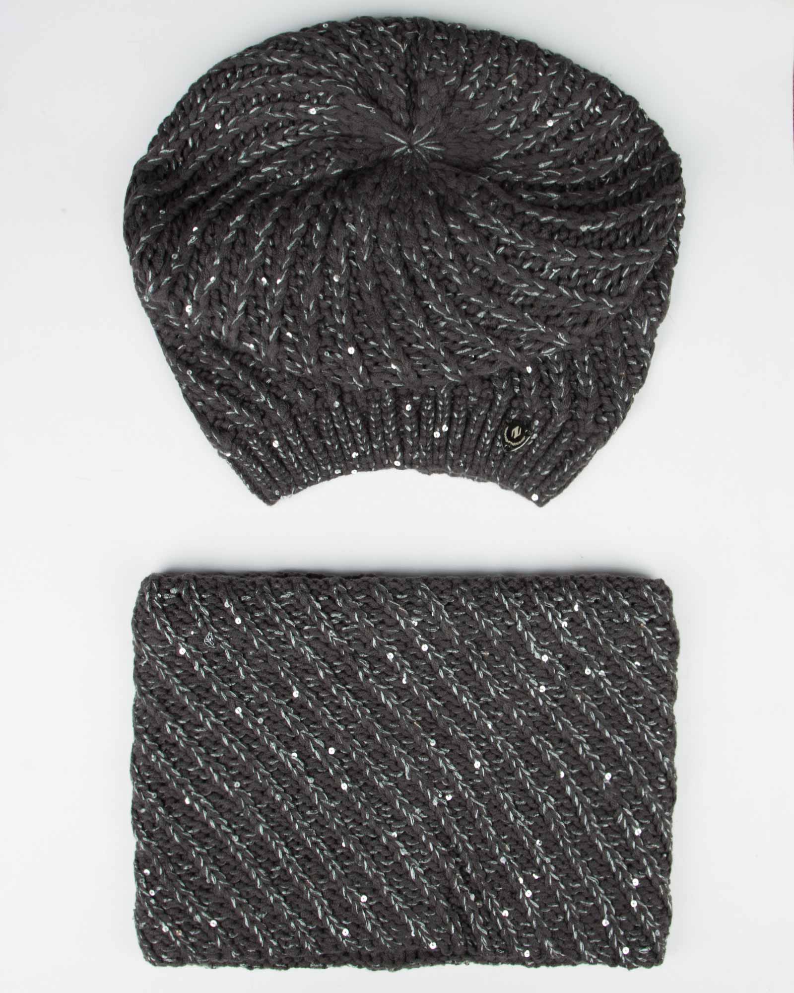 کلاه و شال گردن رینگی بافت پولک دار - خاکستری تیره - بالا