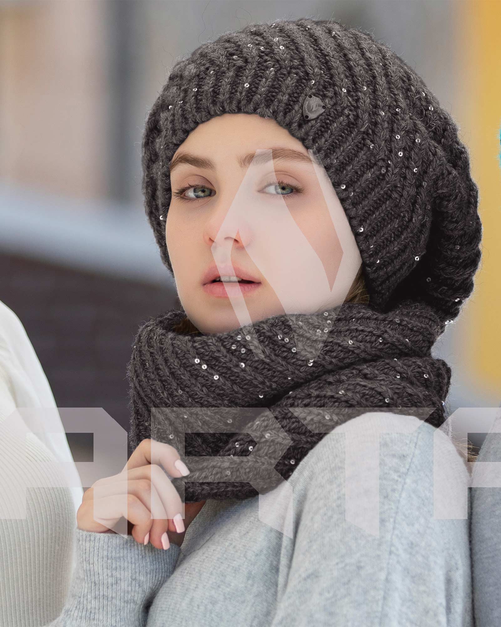 کلاه و شال گردن رینگی بافت پولک دار- خاکستری تیره