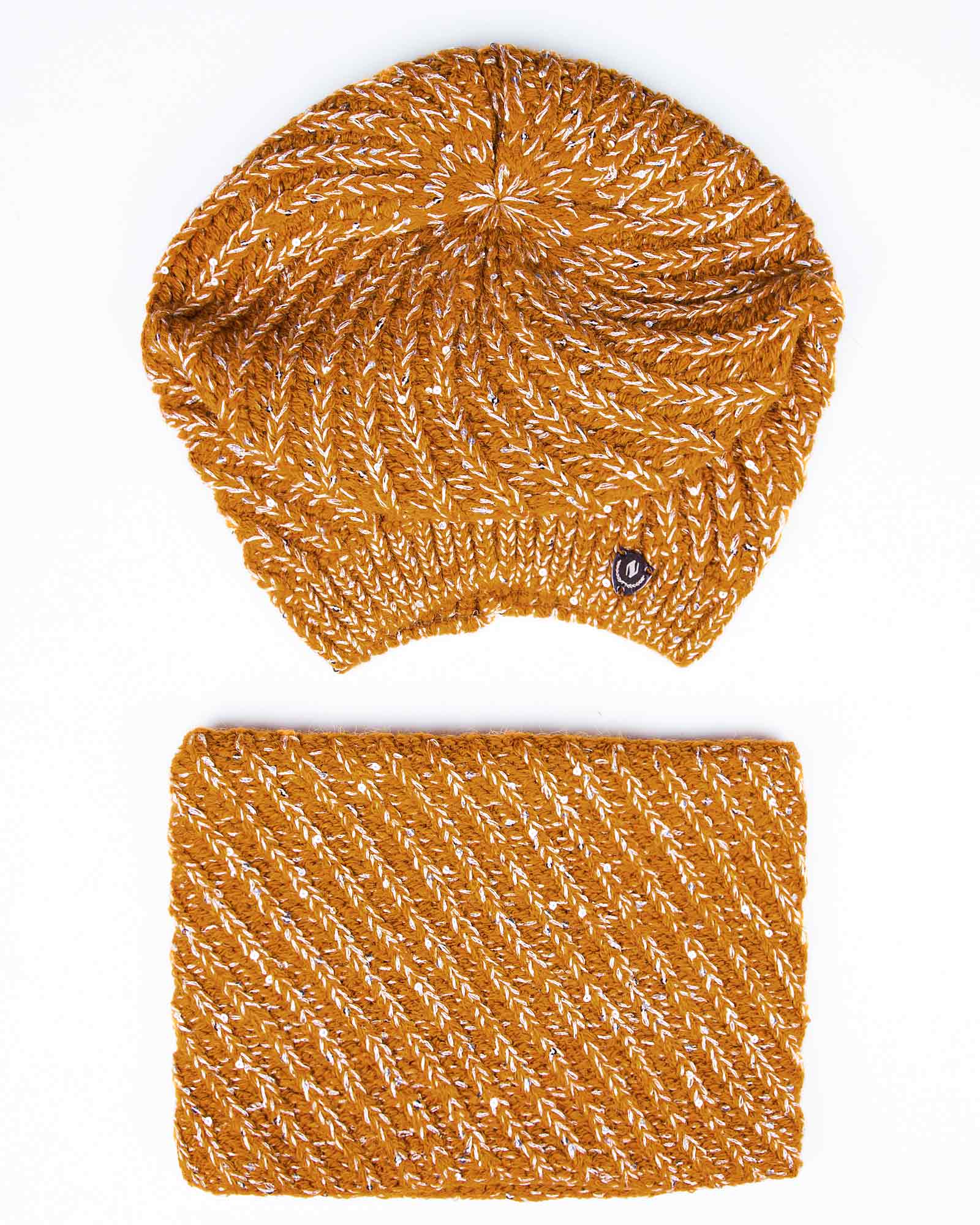 کلاه و شال گردن رینگی بافت پولک دار - خردلی - رو به رو