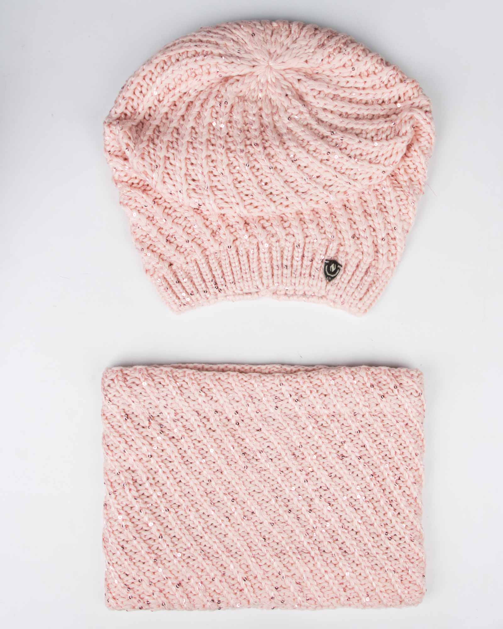 کلاه و شال گردن رینگی بافت پولک دار - صورتی - رو به رو