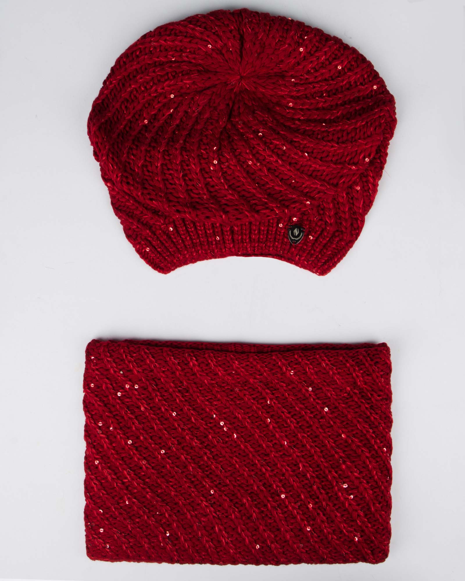 کلاه و شال گردن رینگی بافت پولک دار - قرمز - بالا