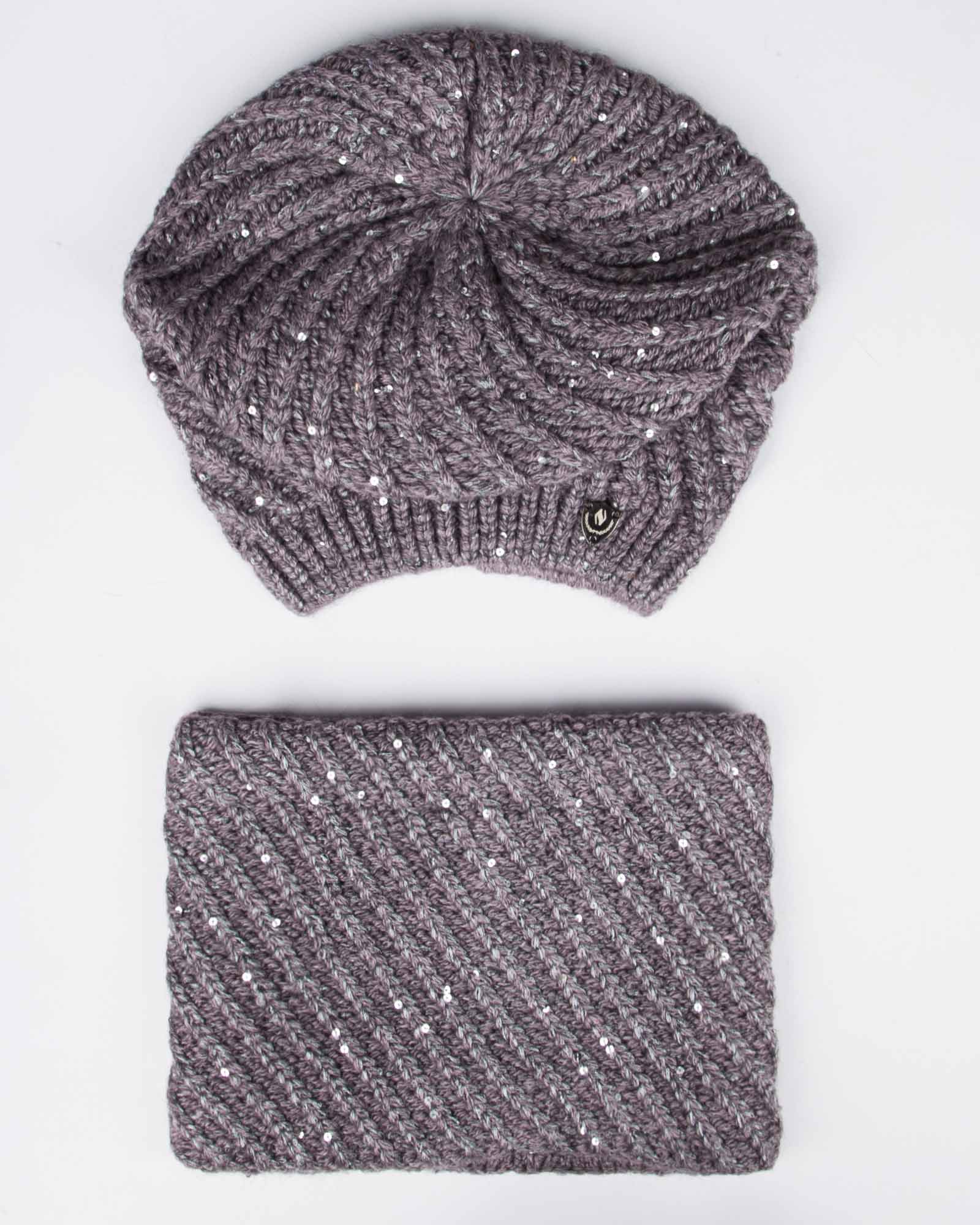 کلاه و شال گردن رینگی بافت پولک دار - کالباسی تیره - رو به رو