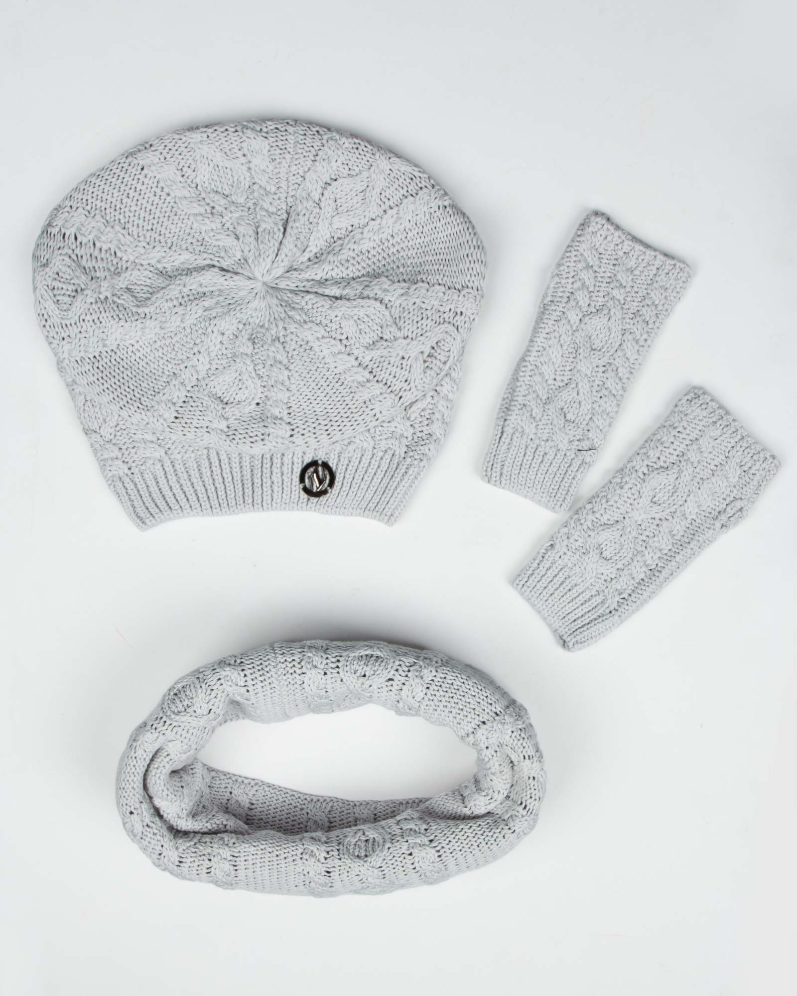کلاه و شال گردن رینگی و دستکش بافت ساده - خاکستری محو - رو به رو