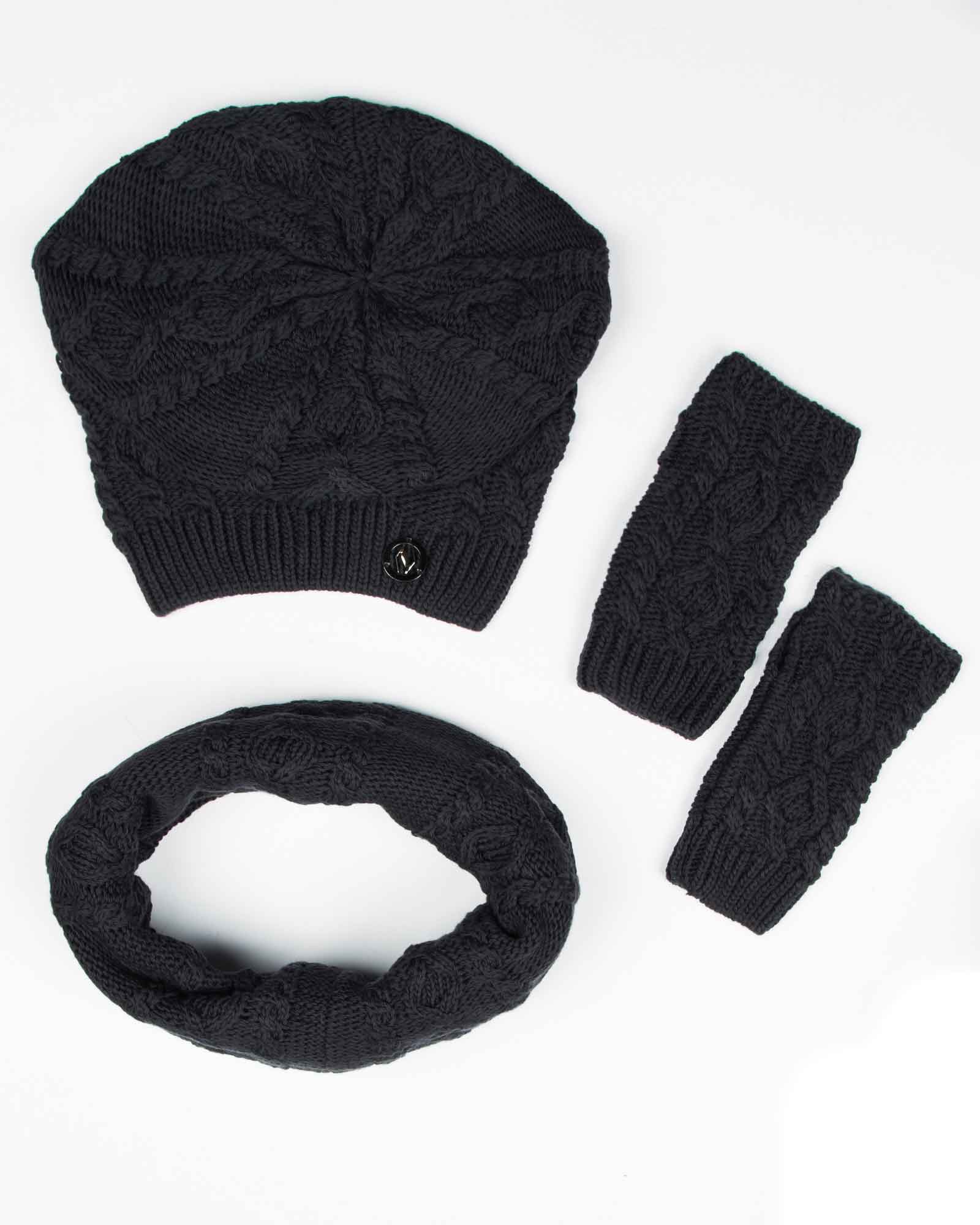 کلاه و شال گردن رینگی و دستکش بافت ساده - دودی تیره - بالا