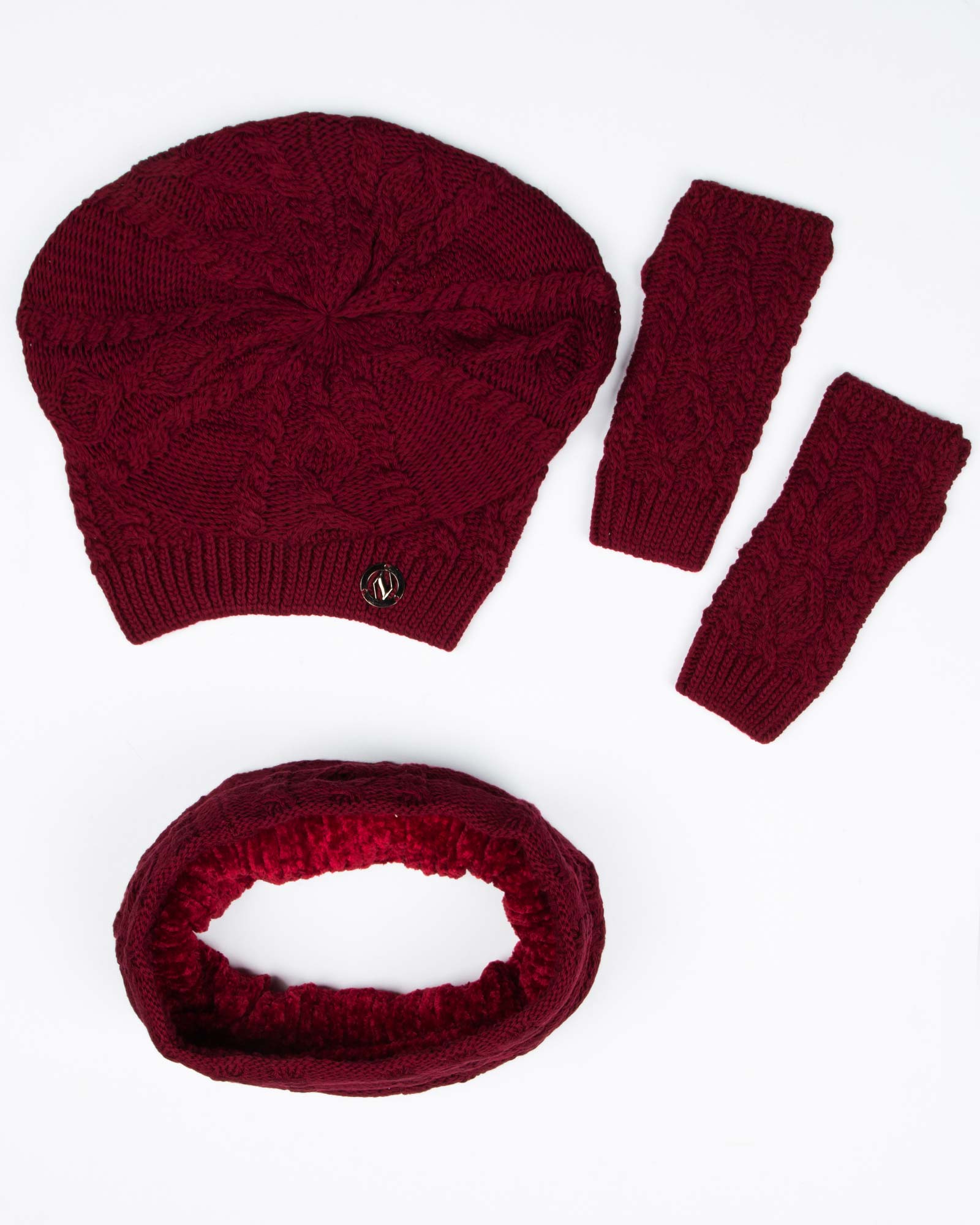 کلاه و شال گردن رینگی و دستکش بافت ساده - زرشکی - بالا