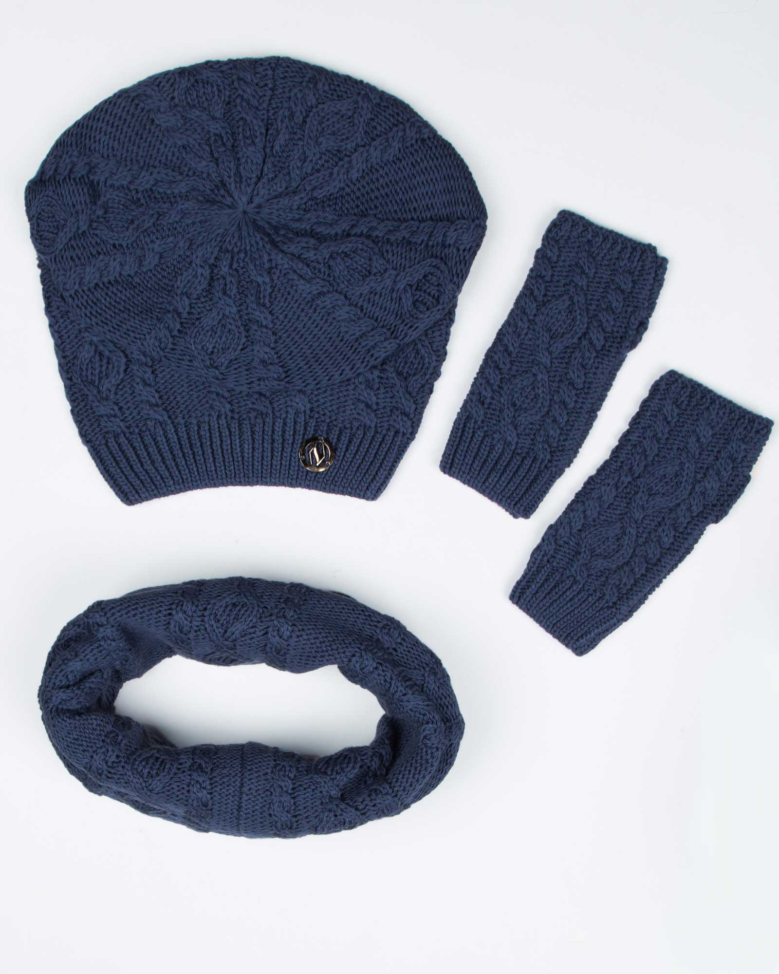 کلاه و شال گردن رینگی و دستکش بافت ساده - سرمه ای - بالا