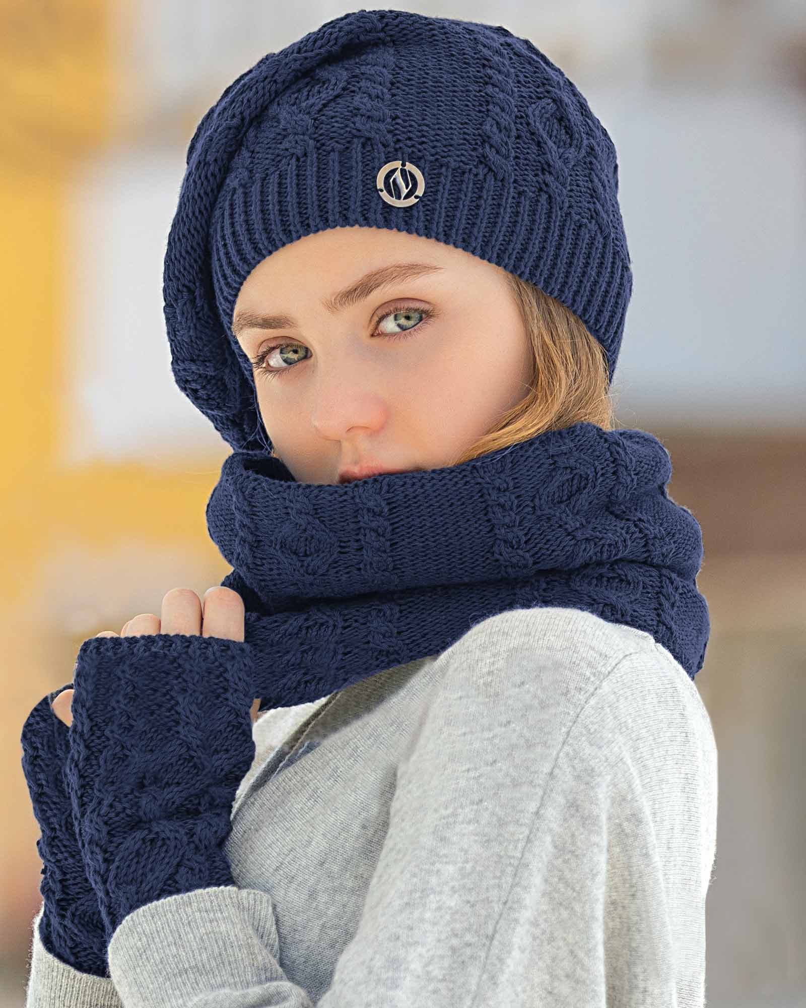 کلاه و شال گردن رینگی و دستکش بافت ساده - سرمه ای - زنانه