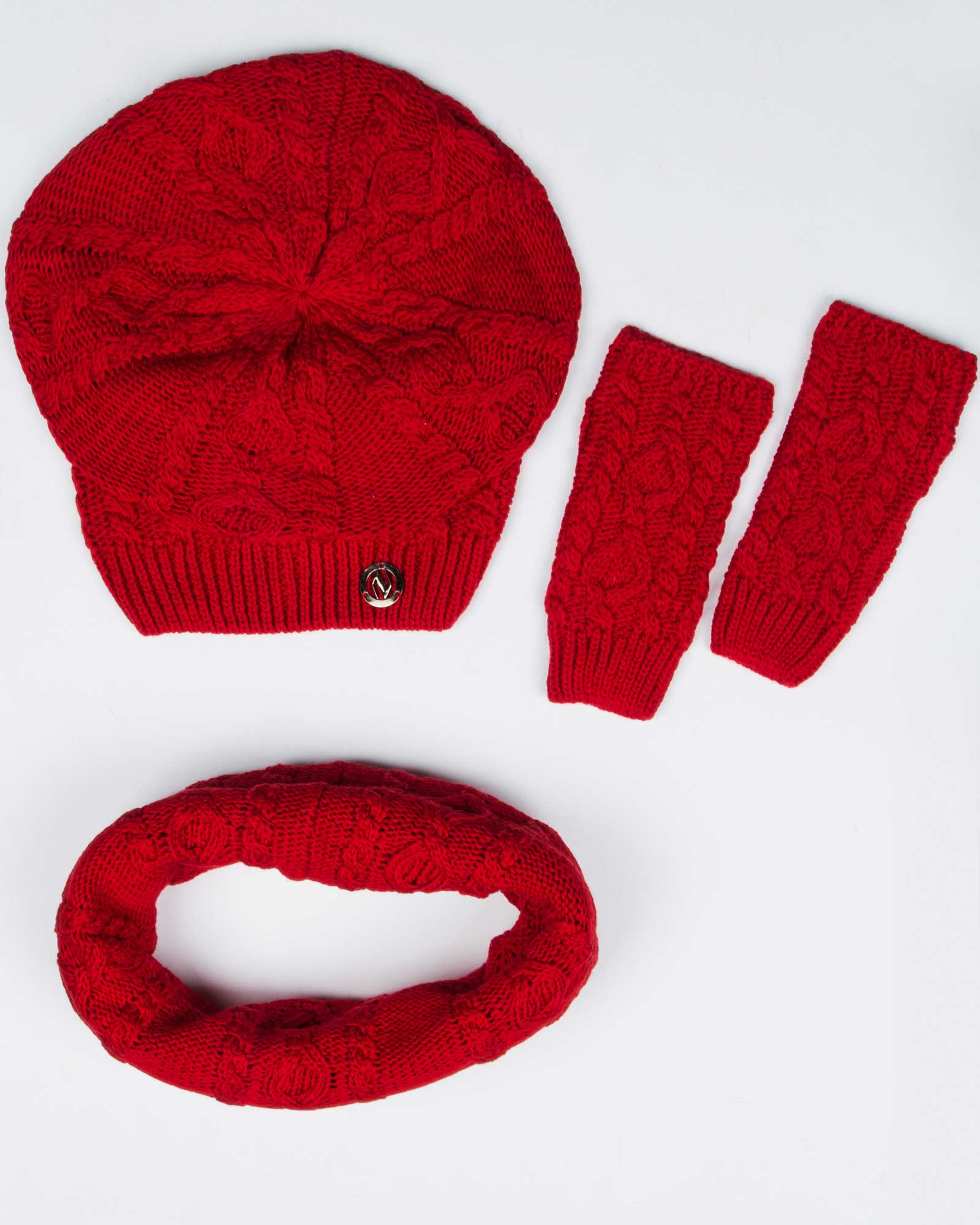 کلاه و شال گردن رینگی و دستکش بافت ساده - قرمز - رو به رو