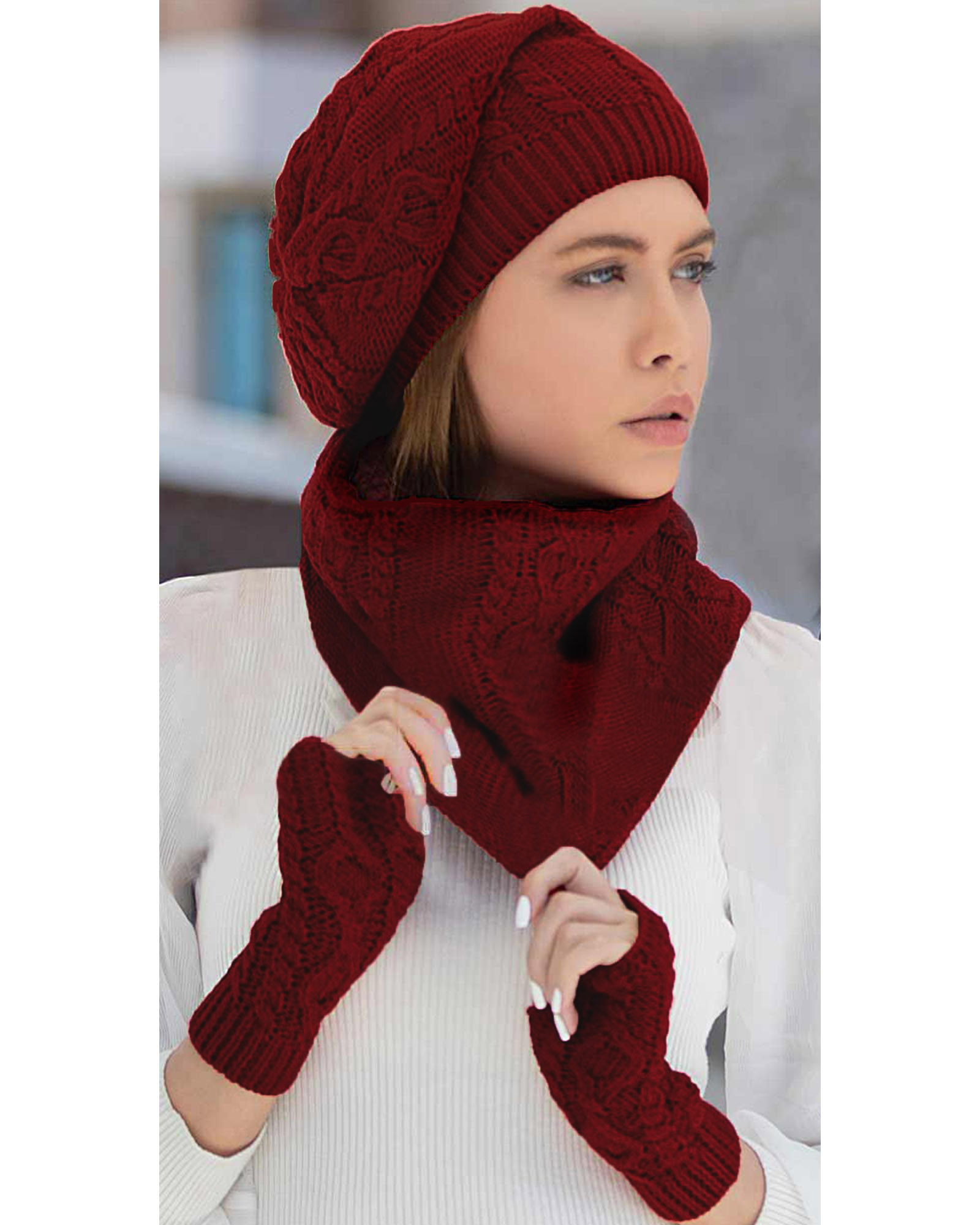 کلاه و شال گردن رینگی و دستکش بافت ساده - زرشکی