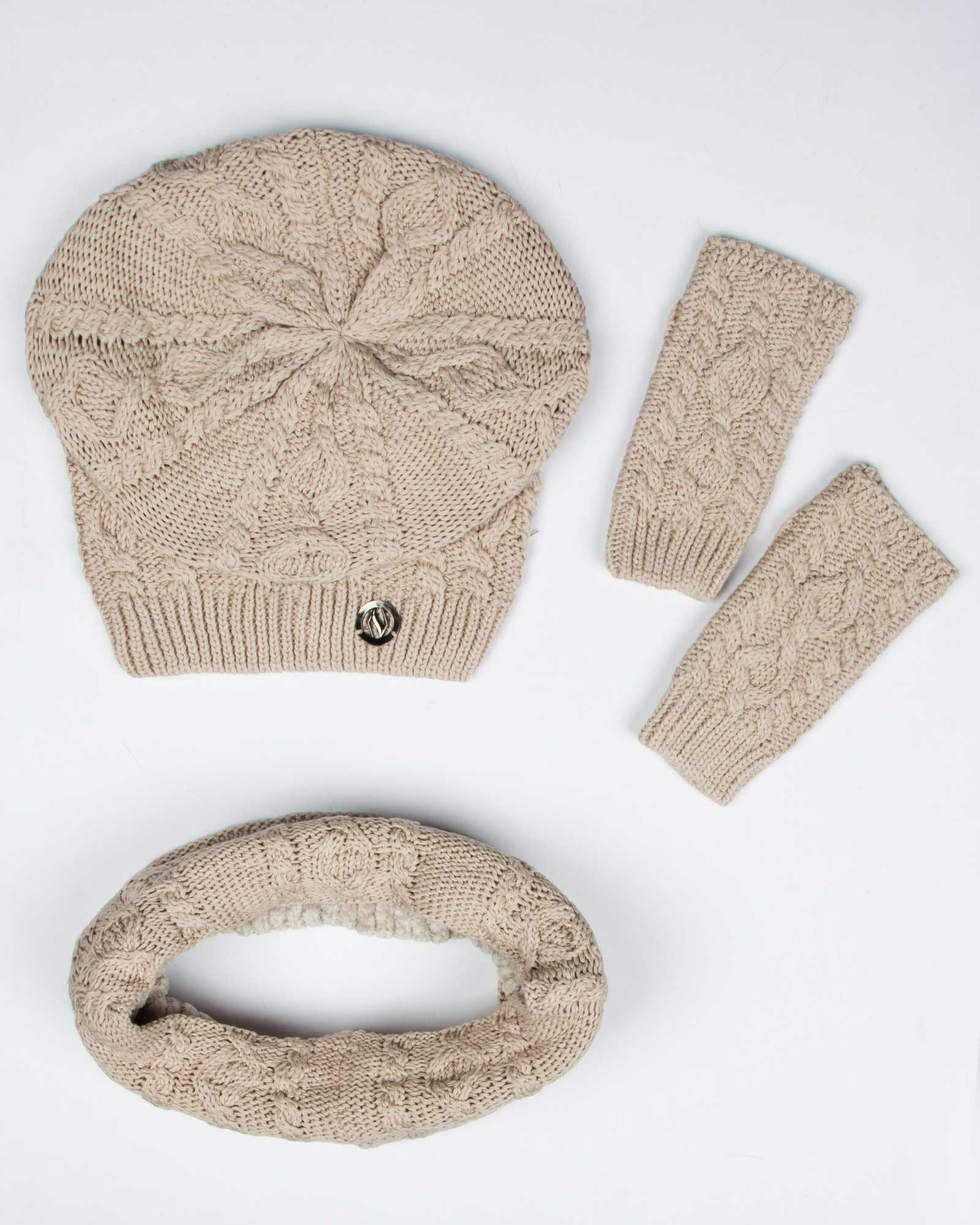 کلاه و شال گردن رینگی و دستکش بافت ساده - کرمی سیر - بالا
