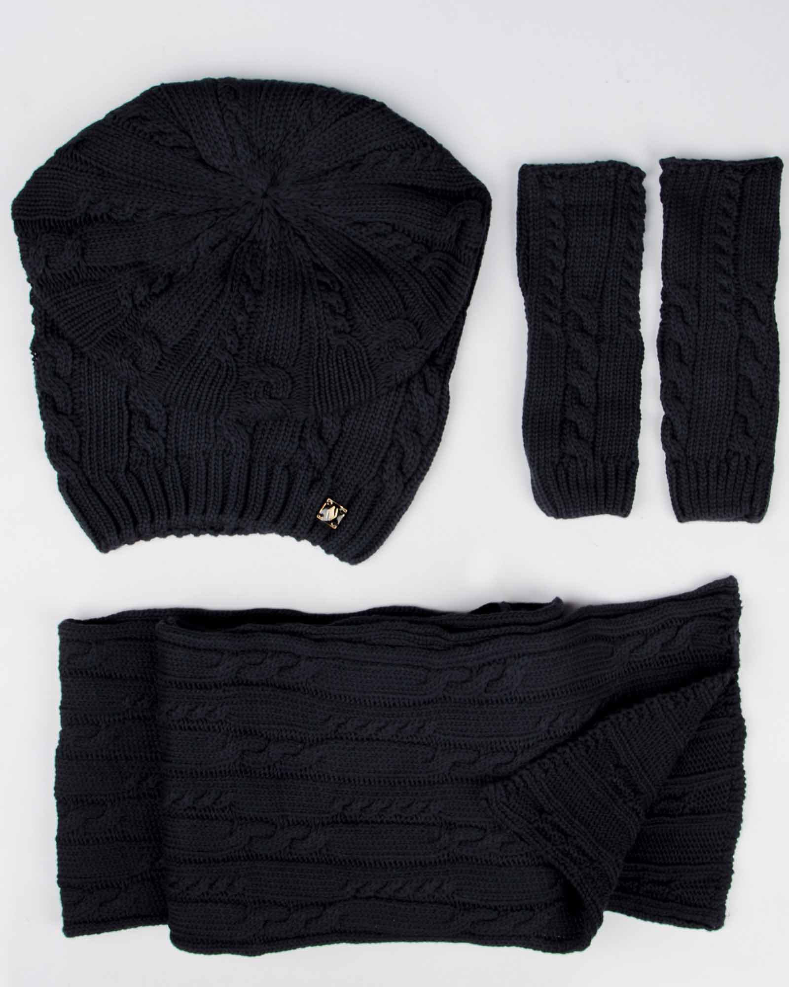 کلاه کج و شال گردن و دست پوش بافت - خاکستری تیره - رو به رو