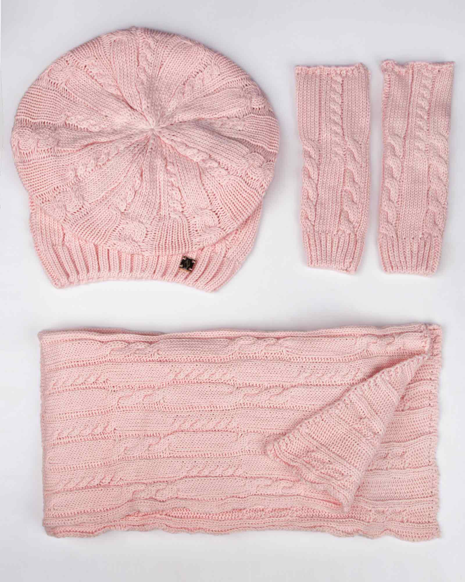 کلاه کج و شال گردن و دست پوش بافت - صورتی - رو به رو