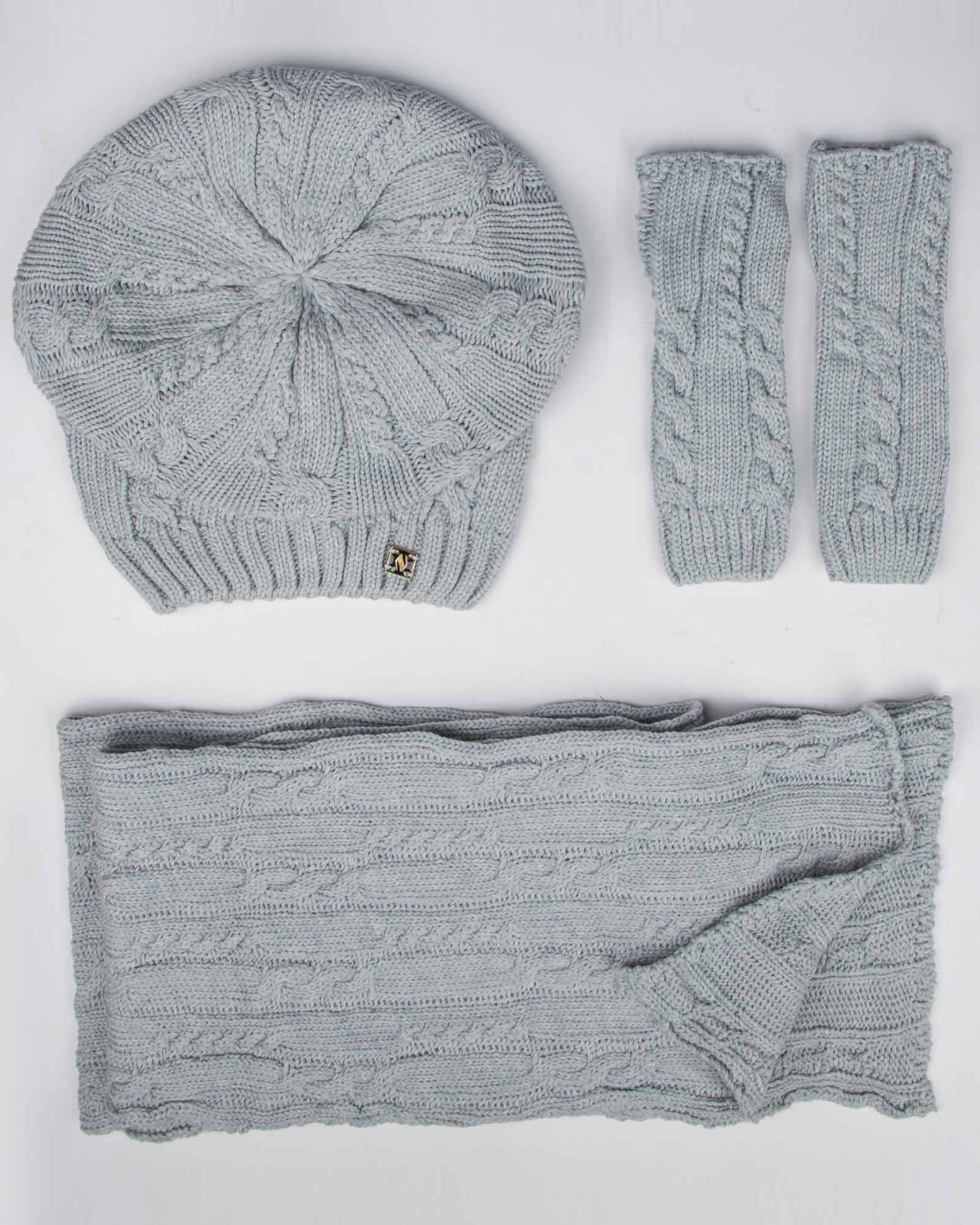 کلاه کج و شال گردن و دست پوش بافت - طوسی کمرنگ - رو به رو