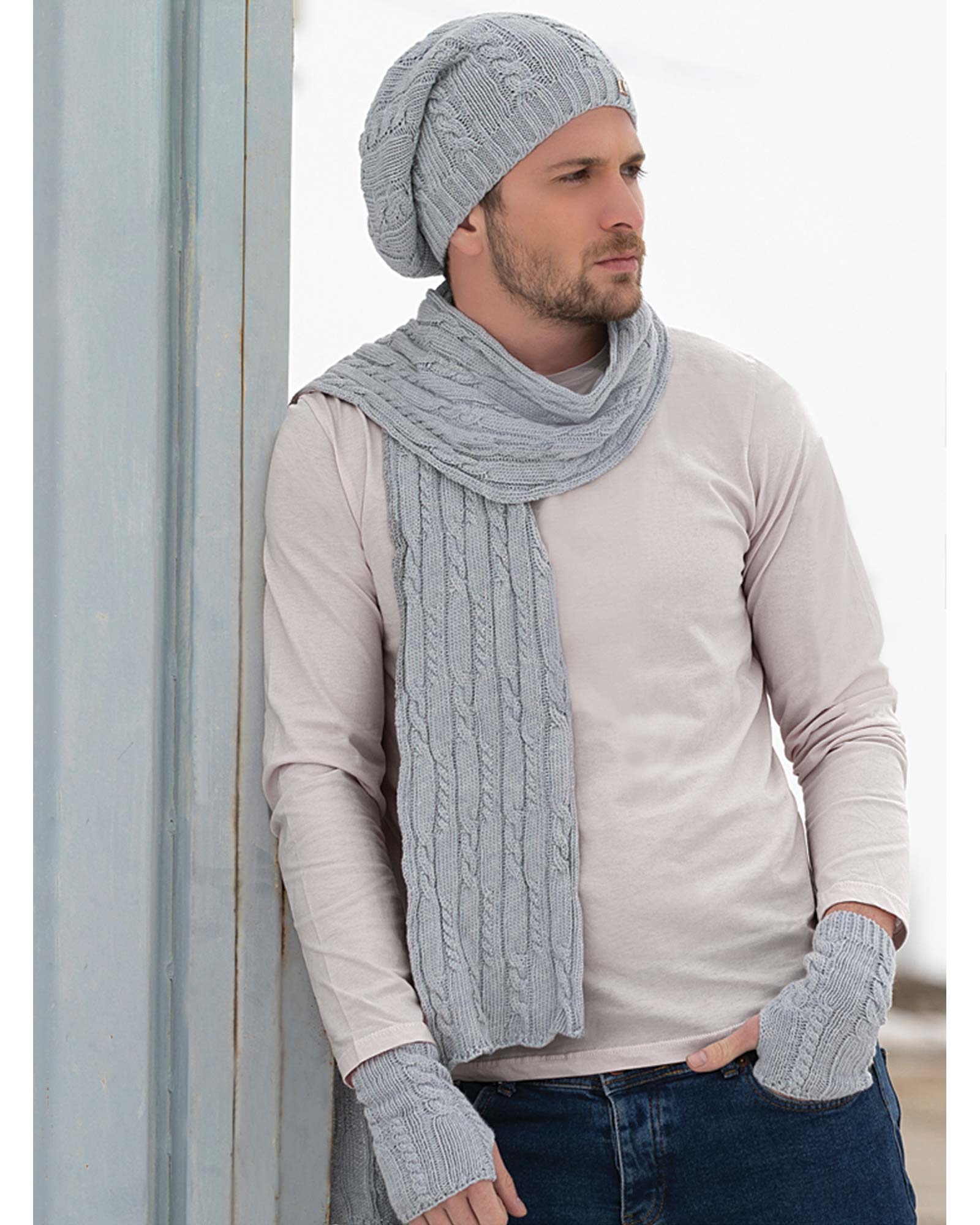 کلاه کج و شال گردن و دست پوش بافت - طوسی کمرنگ - مدل مردانه