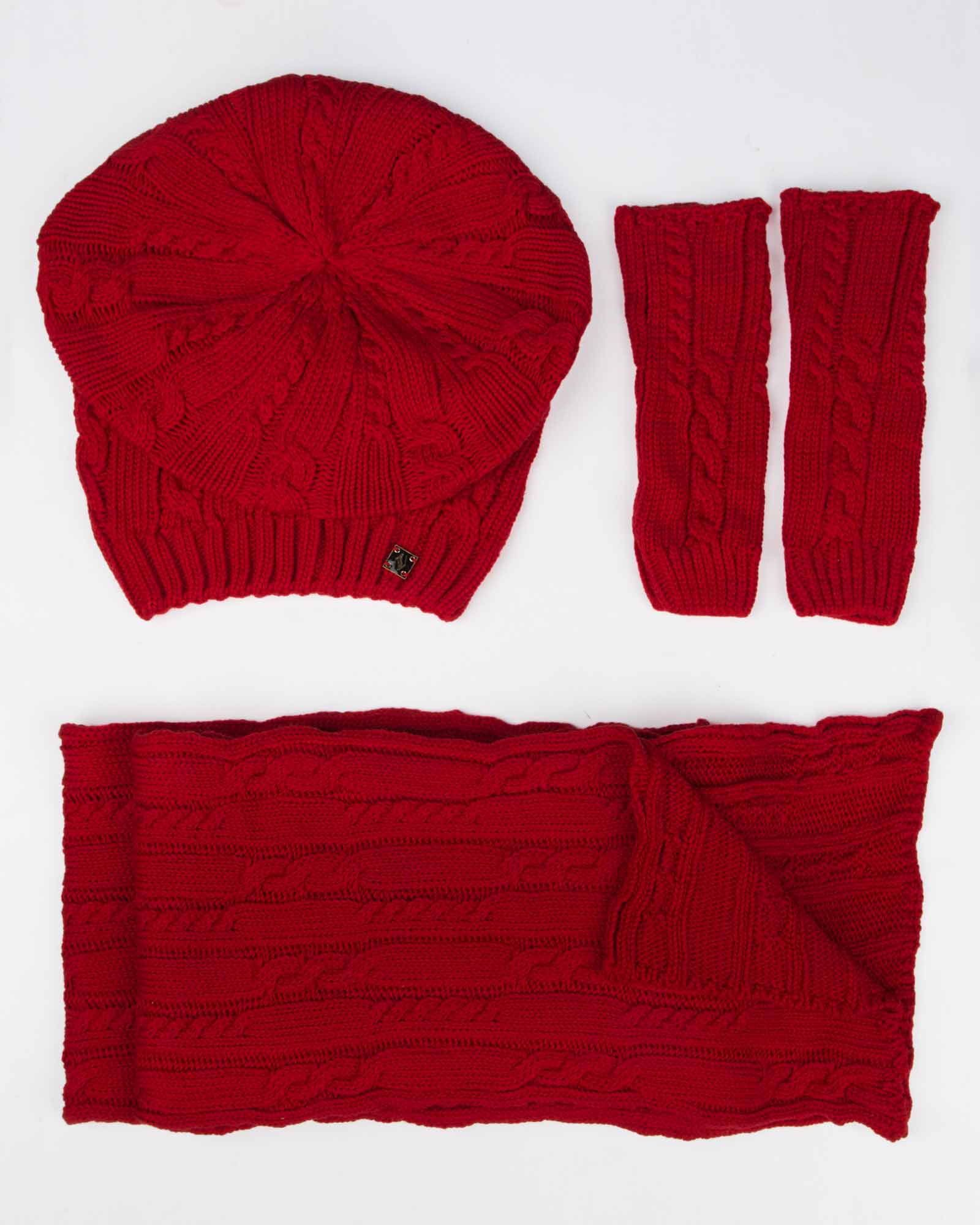 کلاه کج و شال گردن و دست پوش بافت - قرمز - رو به رو