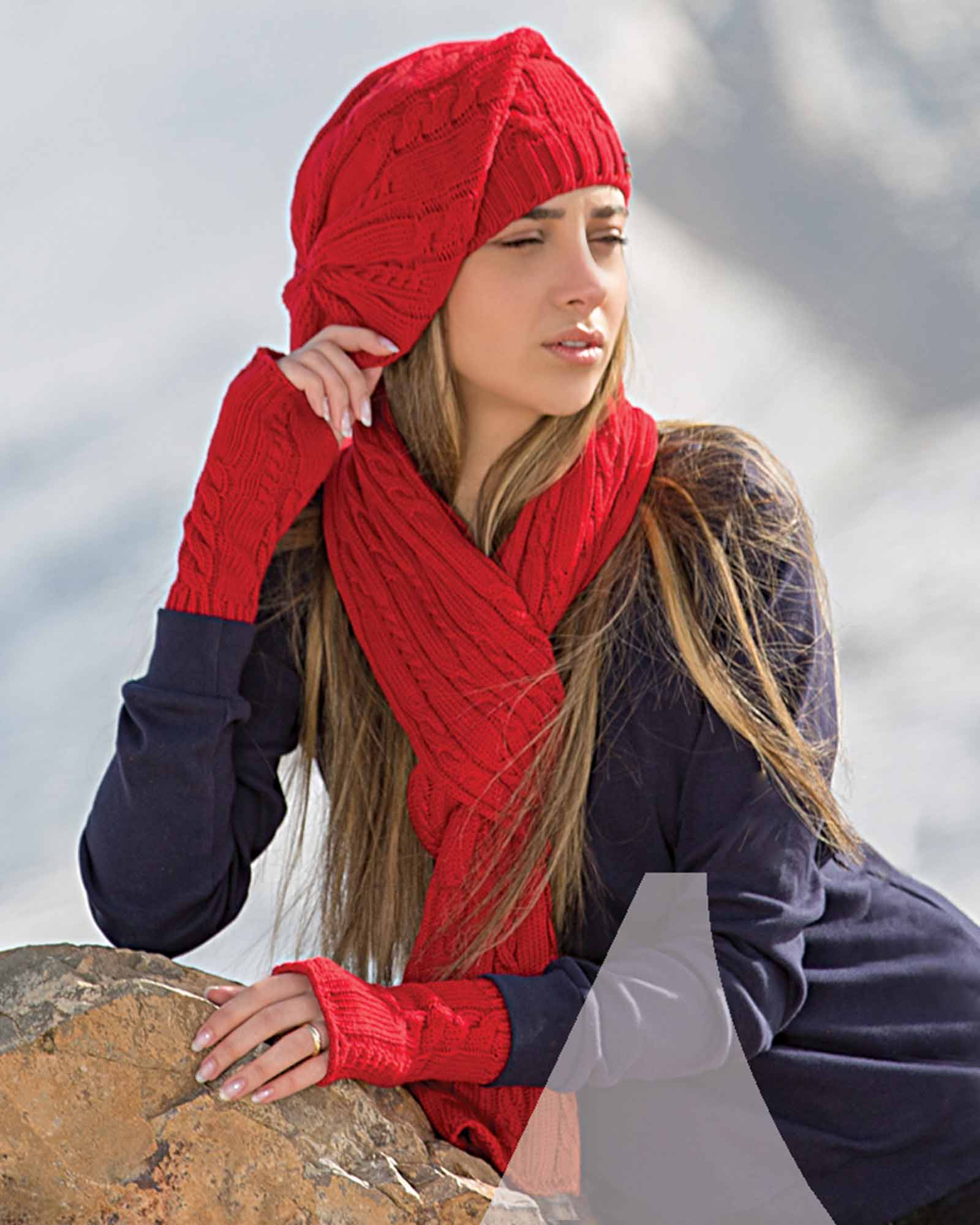 کلاه کج و شال گردن و دست پوش بافت - قرمز - زنانه