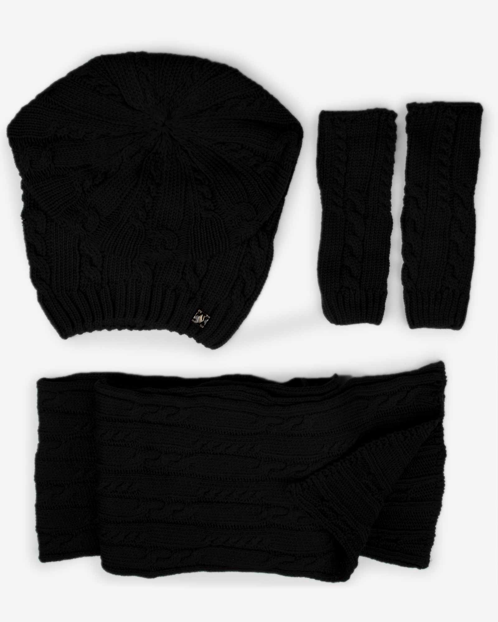 کلاه کج و شال گردن و دست پوش بافت - مشکی - رو به رو