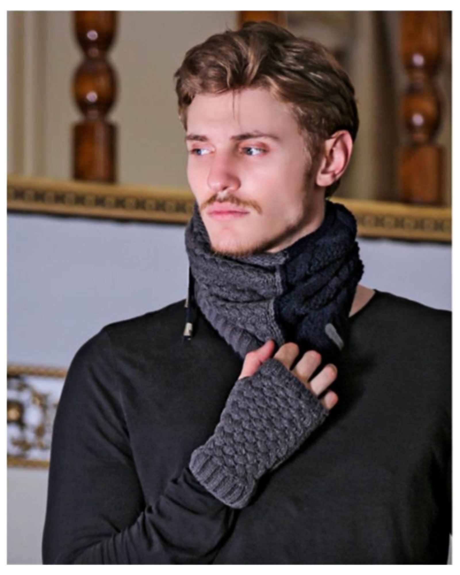 کلاه گردنی و دست پوش بافت دو رنگ - سرمه ای تیره - مردانه