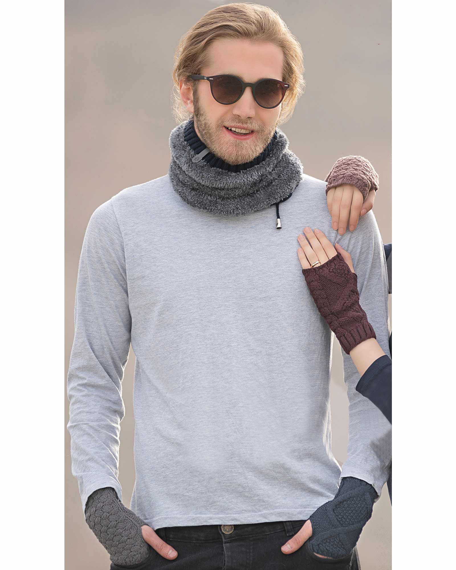 کلاه گردنی و دست پوش بافت دو رنگ - مردانه