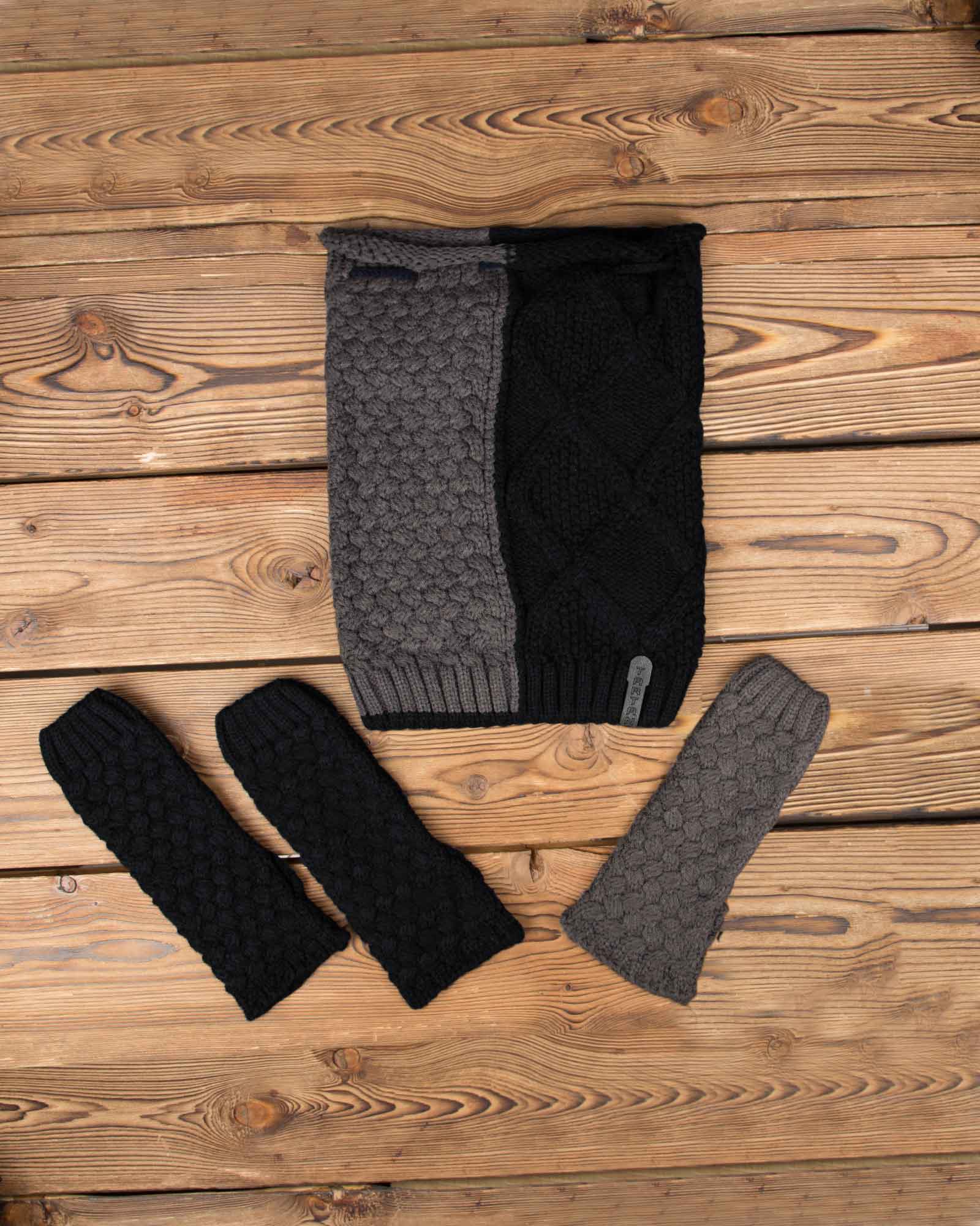 کلاه گردنی و دست پوش بافت دو رنگ - مشکی طوسی - رو به رو