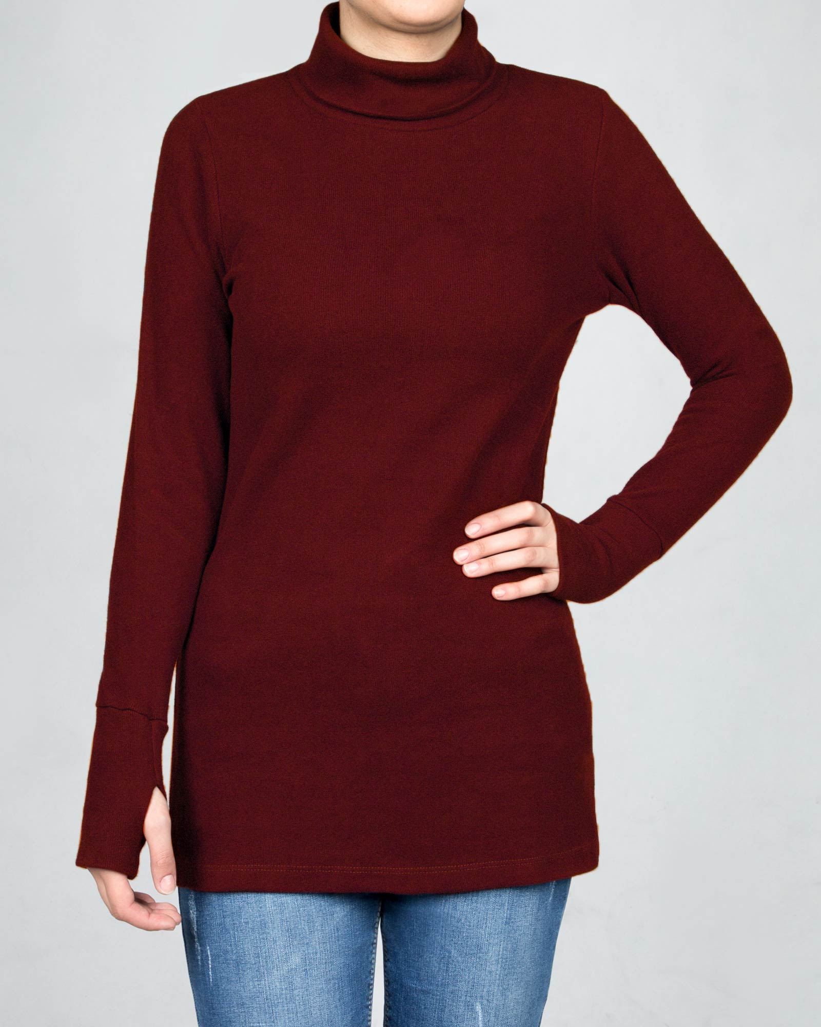 تونیک زنانه یقه اسکی آستین دستکشی-عنابی-رو به رو