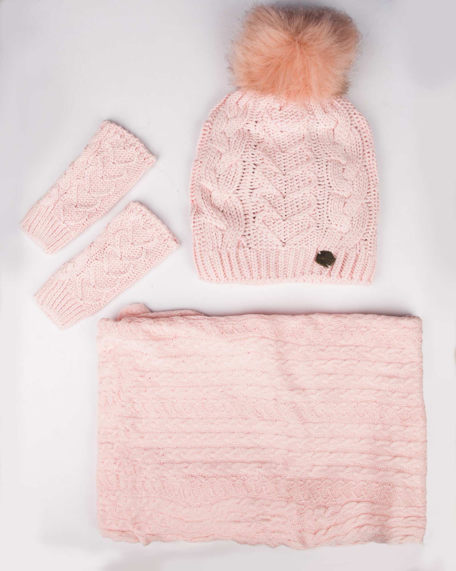 ست کلاه و شال بافت و دستکش - صورتی - رو به رو