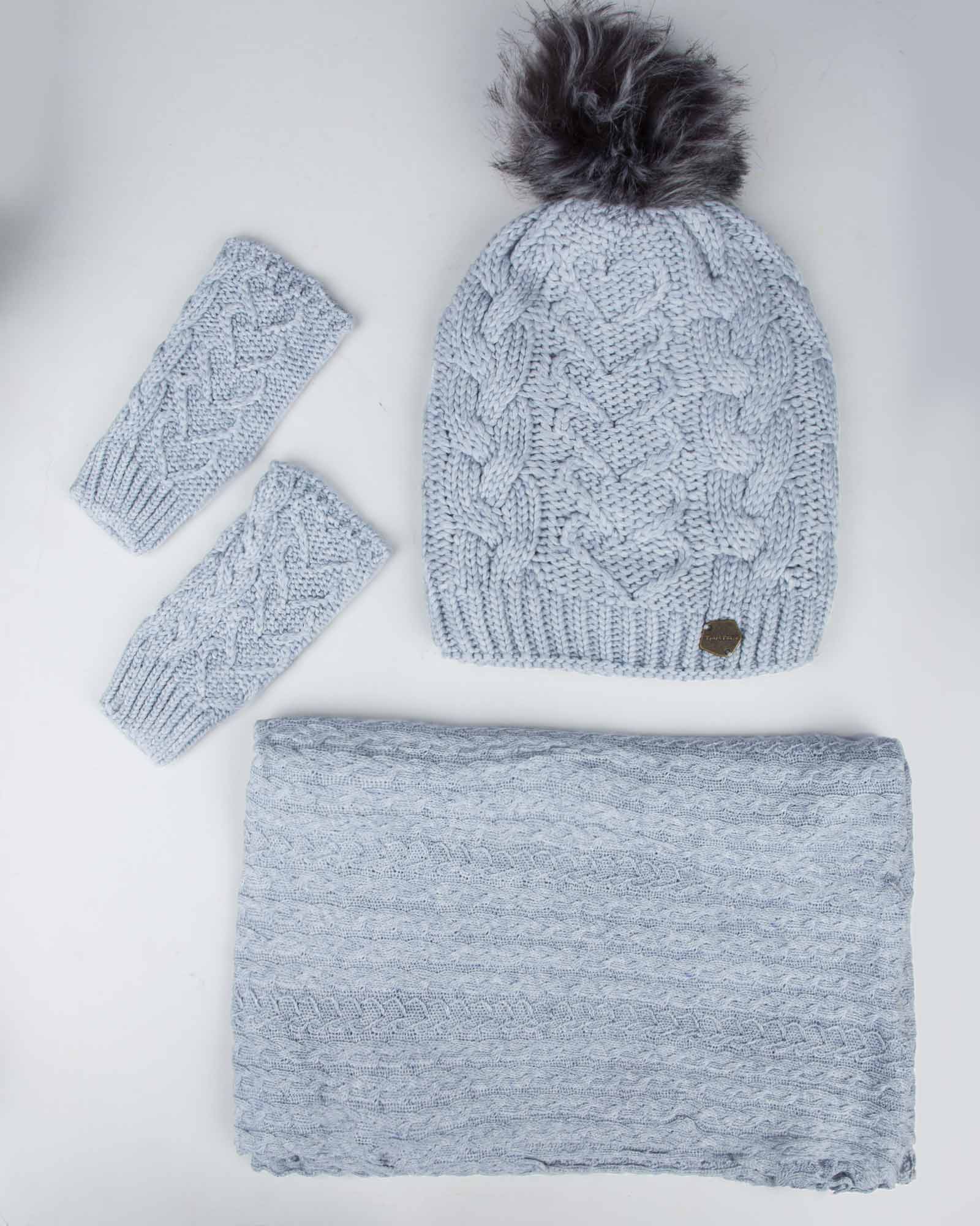 ست کلاه و شال بافت و دستکش - طوسی کمرنگ - رو به رو