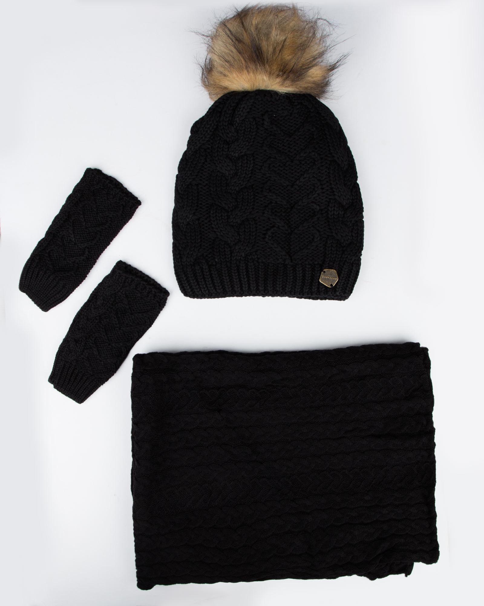 ست کلاه و شال بافت و دستکش - مشکی - رو به رو