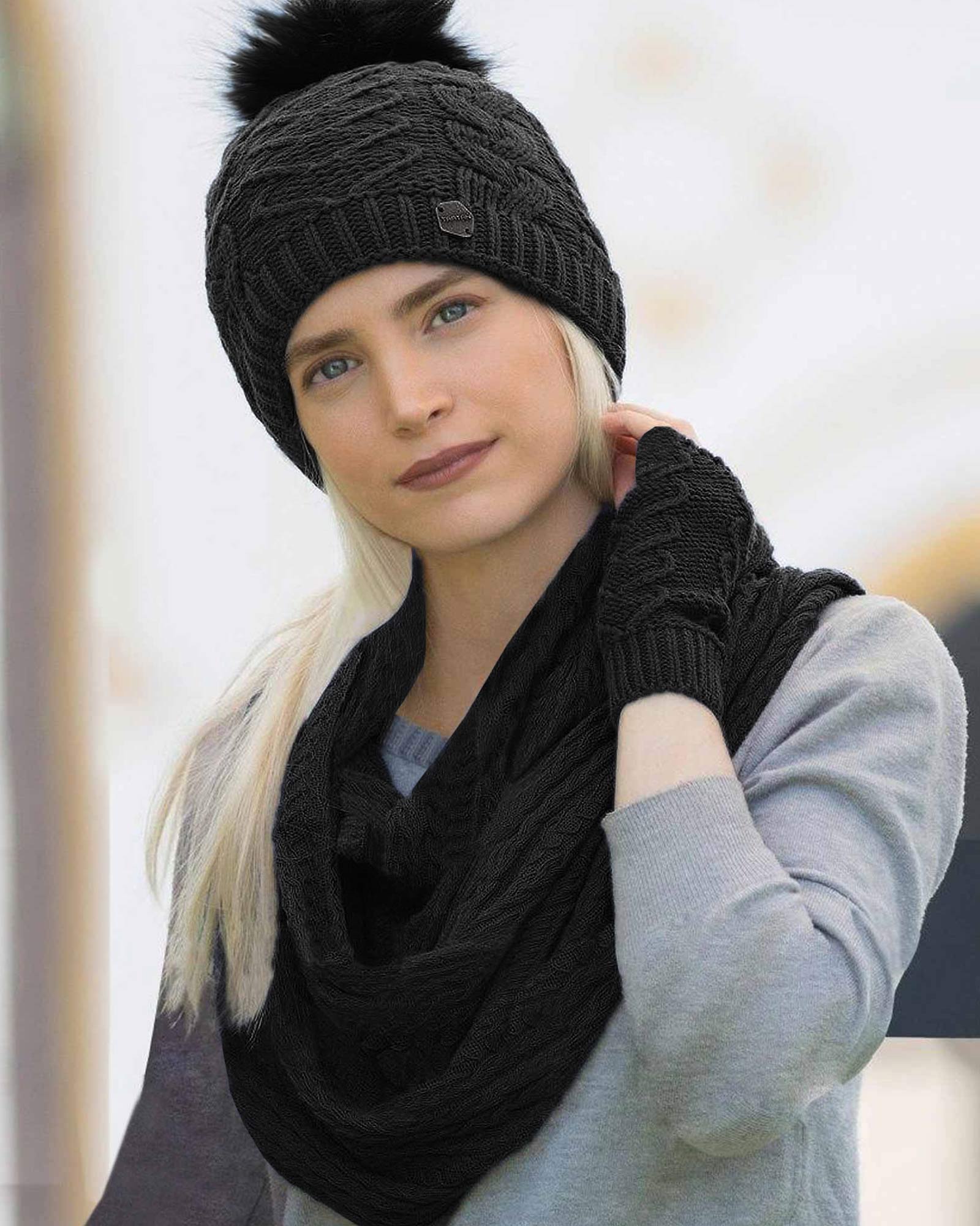 ست کلاه و شال بافت و دستکش - مشکی - محیطی