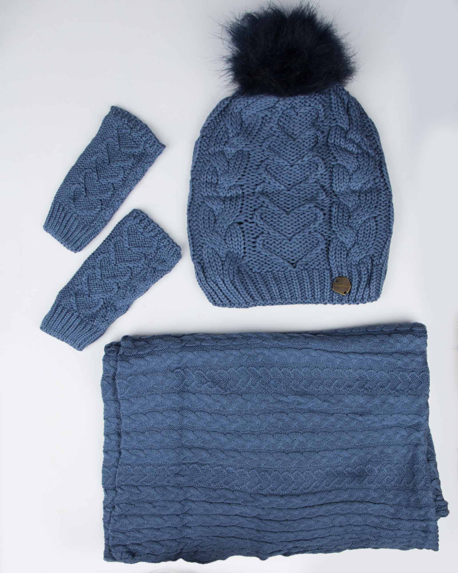 ست کلاه و شال بافت و دستکش - نیلی - رو به رو