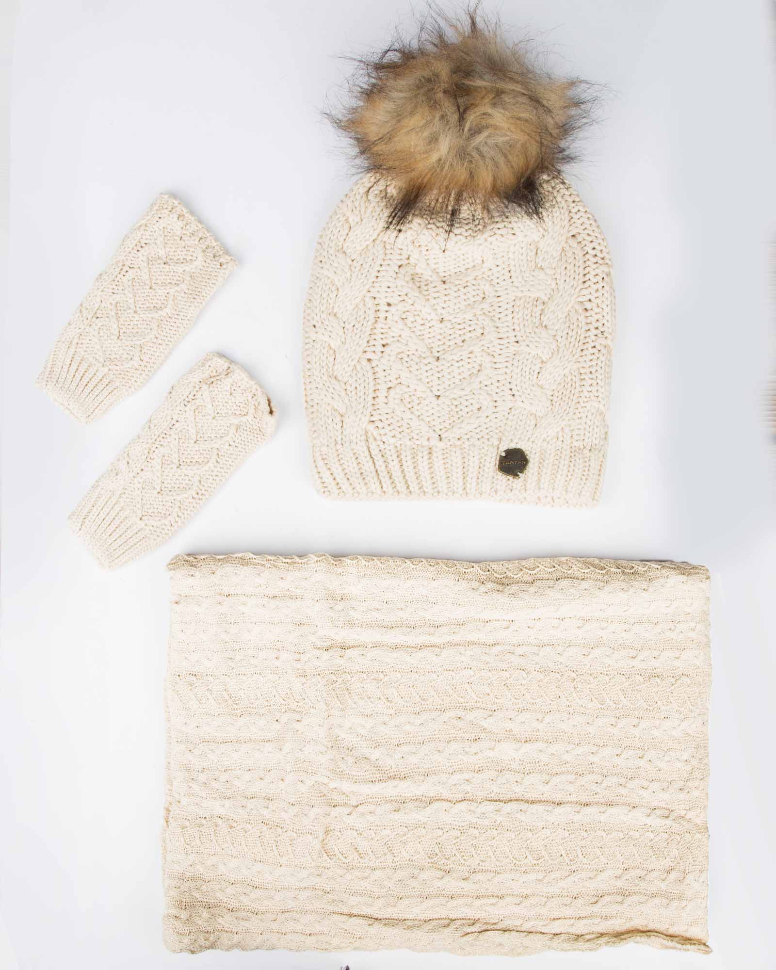 ست کلاه و شال بافت و دستکش - کرمی - رو به رو