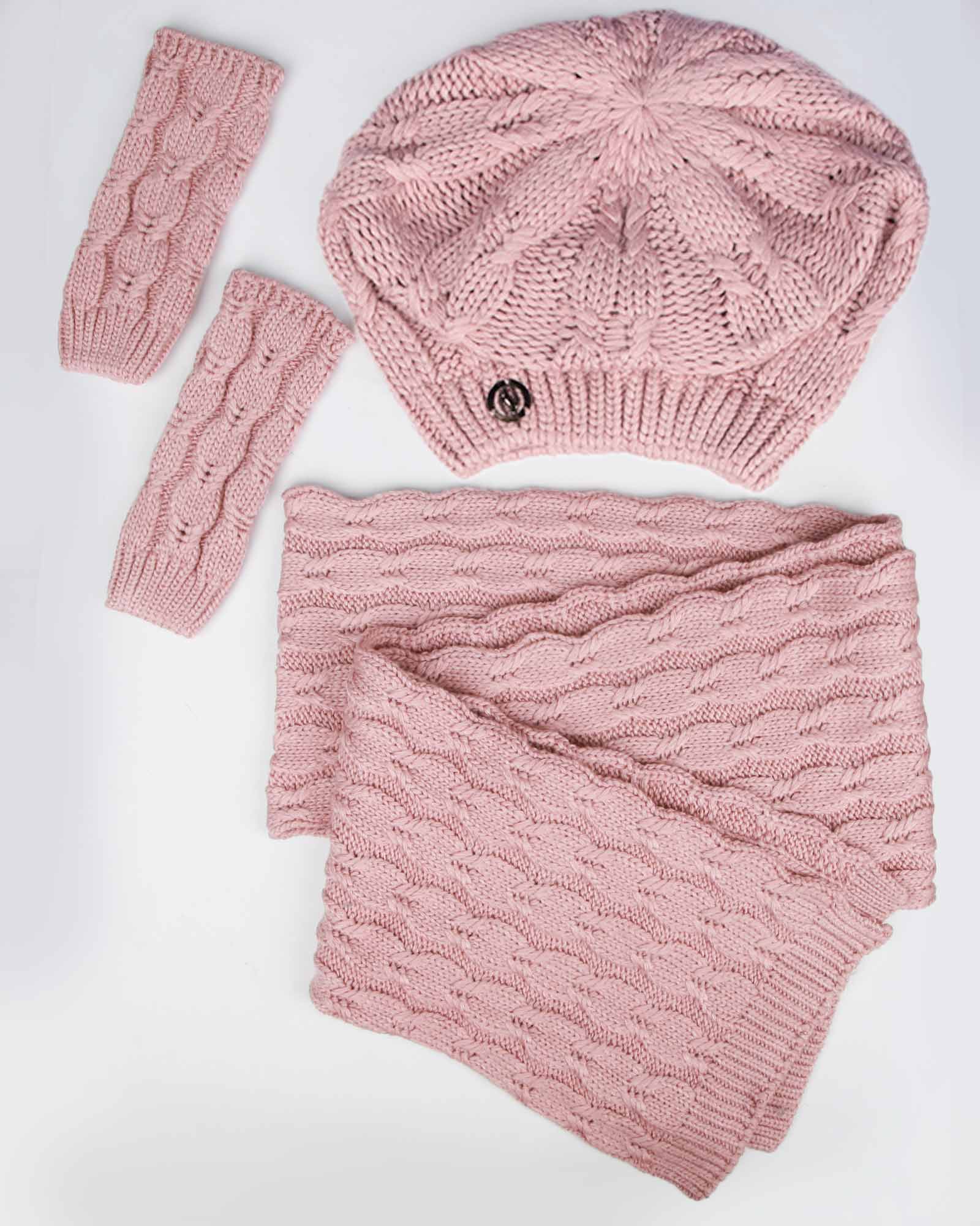 ست کلاه و شال گردن و دستکش بافت - صورتی کثیف - رو به رو