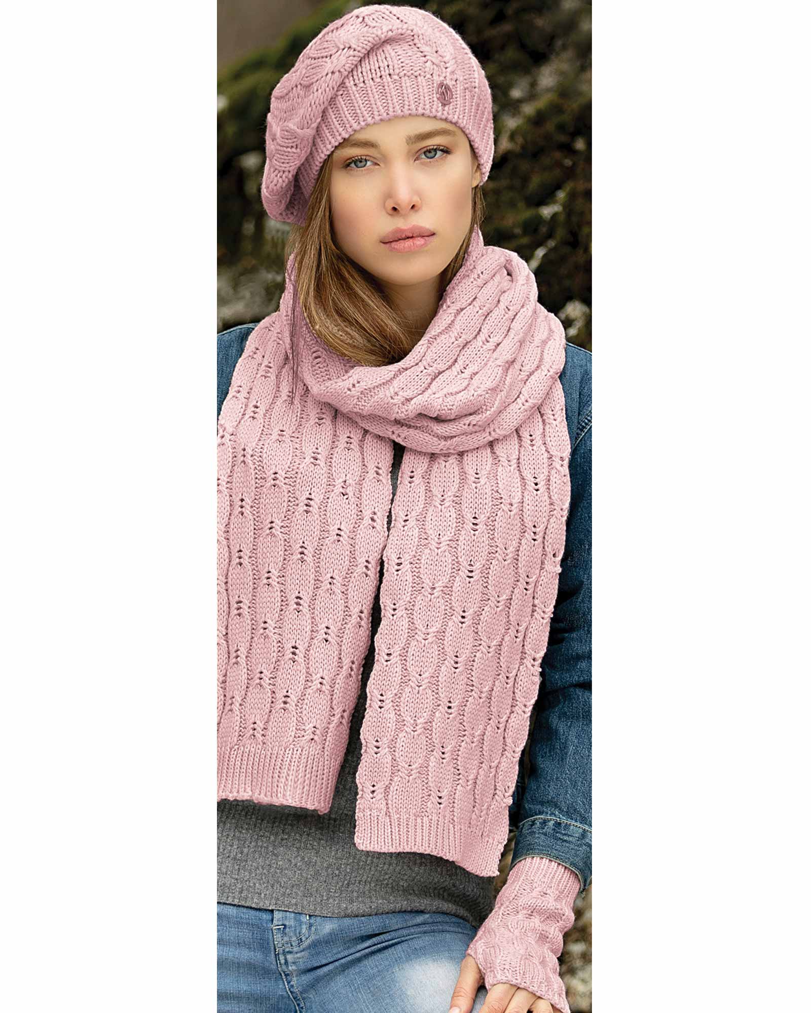 ست کلاه و شال گردن و دستکش بافت - صورتی کثیف - زنانه