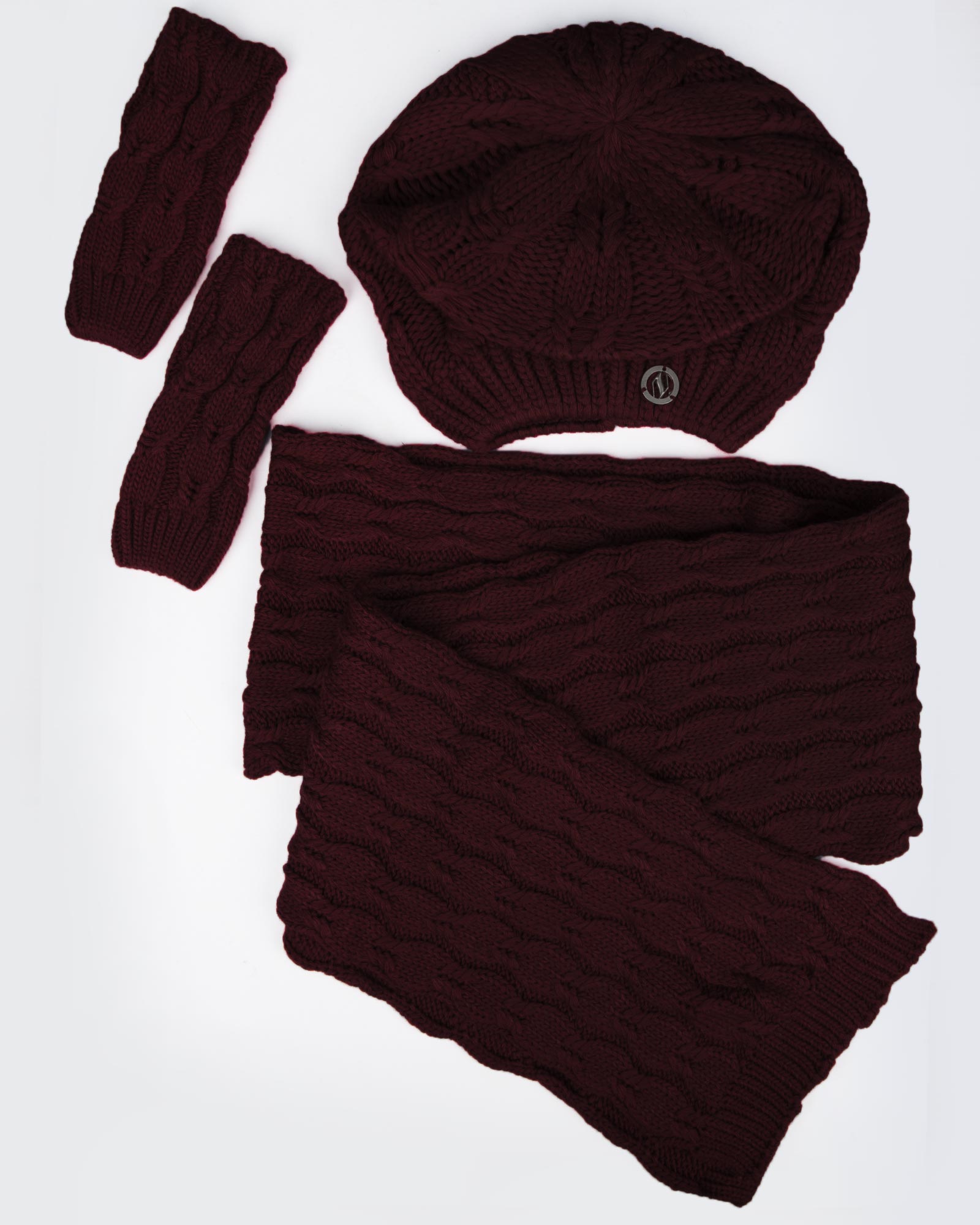 ست کلاه و شال گردن و دستکش بافت - عنابی - برو به رو