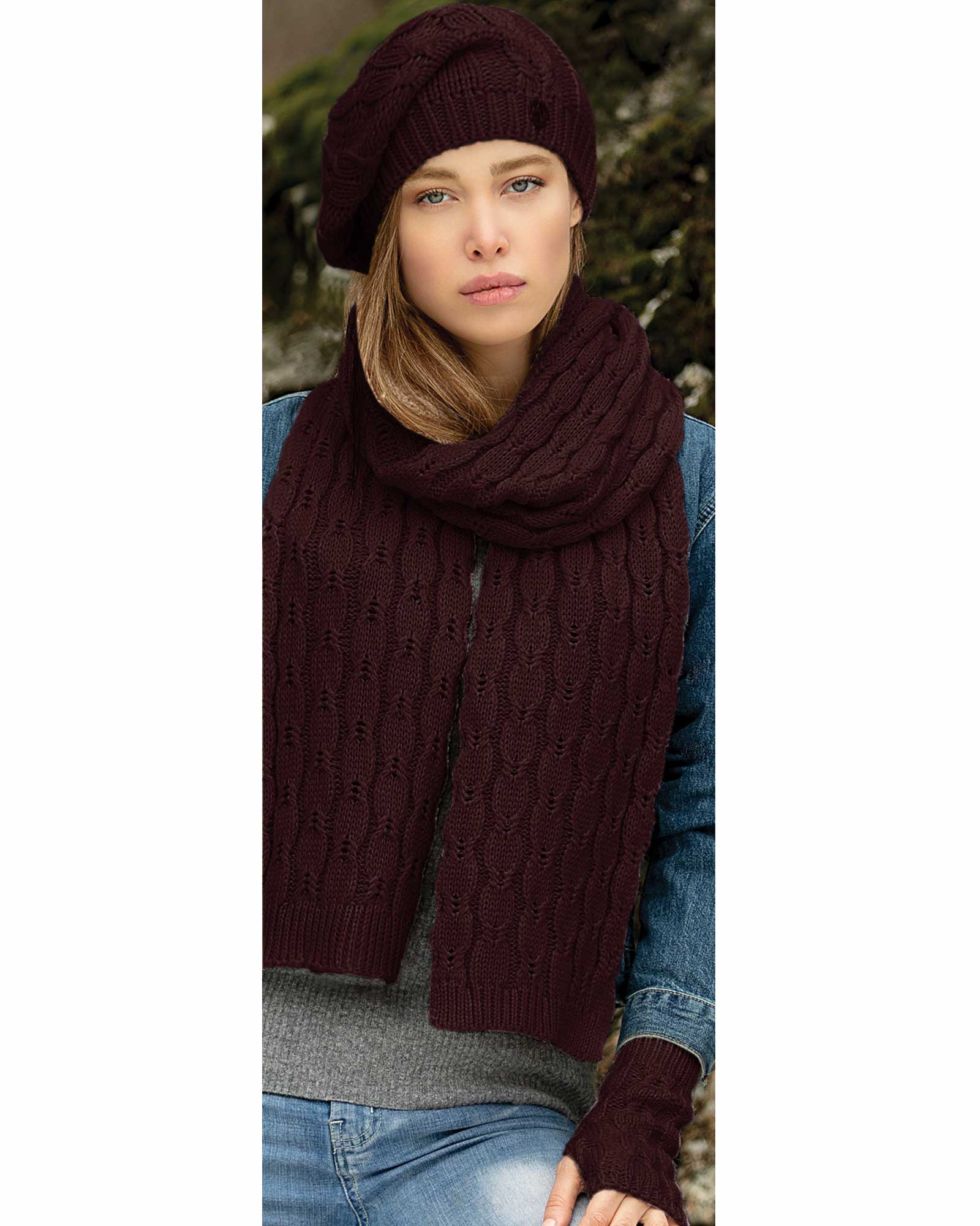 ست کلاه و شال گردن و دستکش بافت - عنابی - زنانه